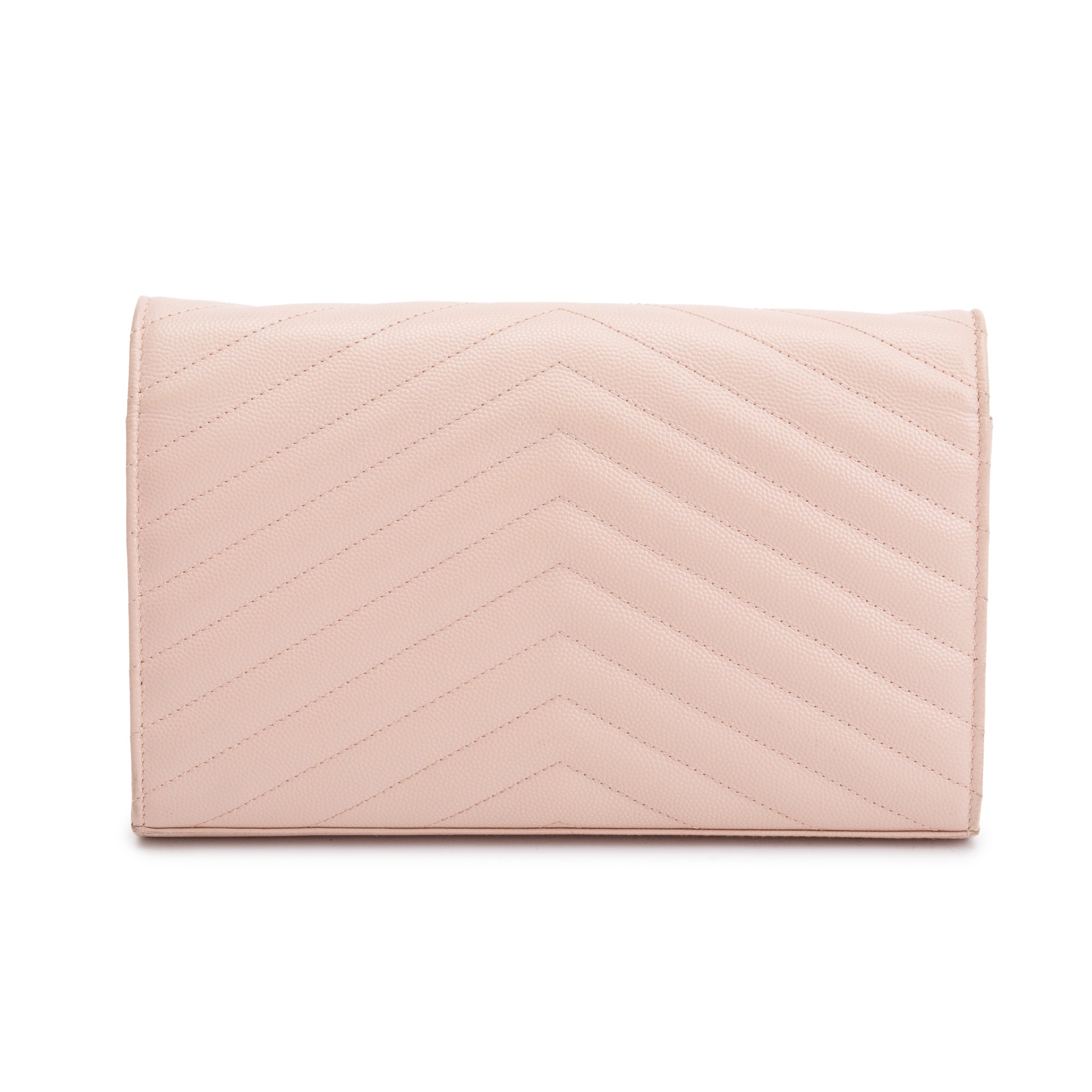 Saint Laurent Pink Grain De Poudre Leather Cassandre Matelasse Chain Wallet w/ Box