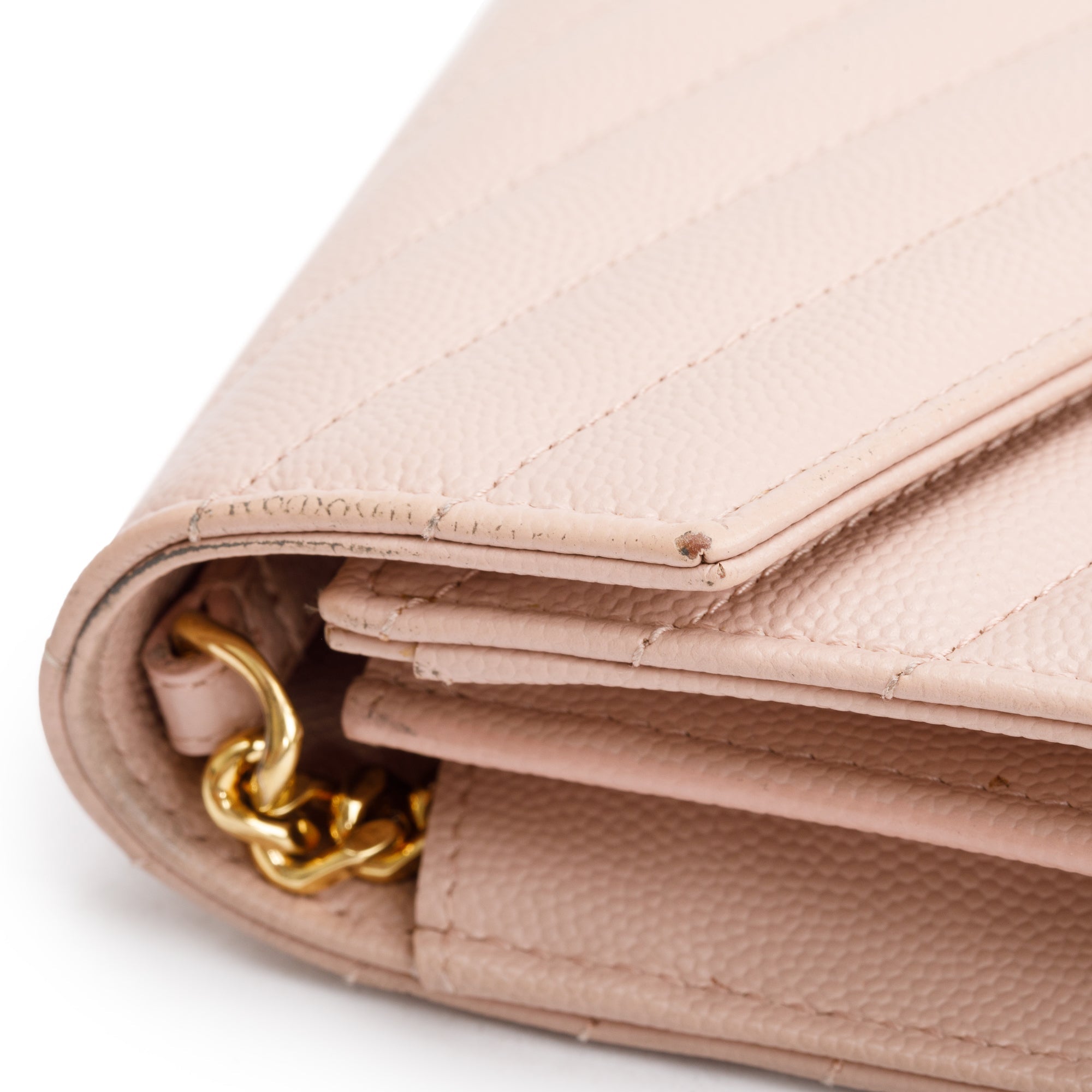 Saint Laurent Pink Grain De Poudre Leather Cassandre Matelasse Chain Wallet w/ Box