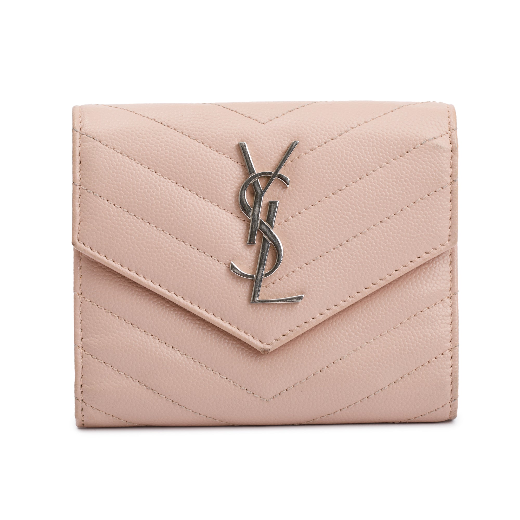 Saint Laurent Pink Grain de Poudre Leather Cassandre Matelasse Compact Tri-Fold Wallet