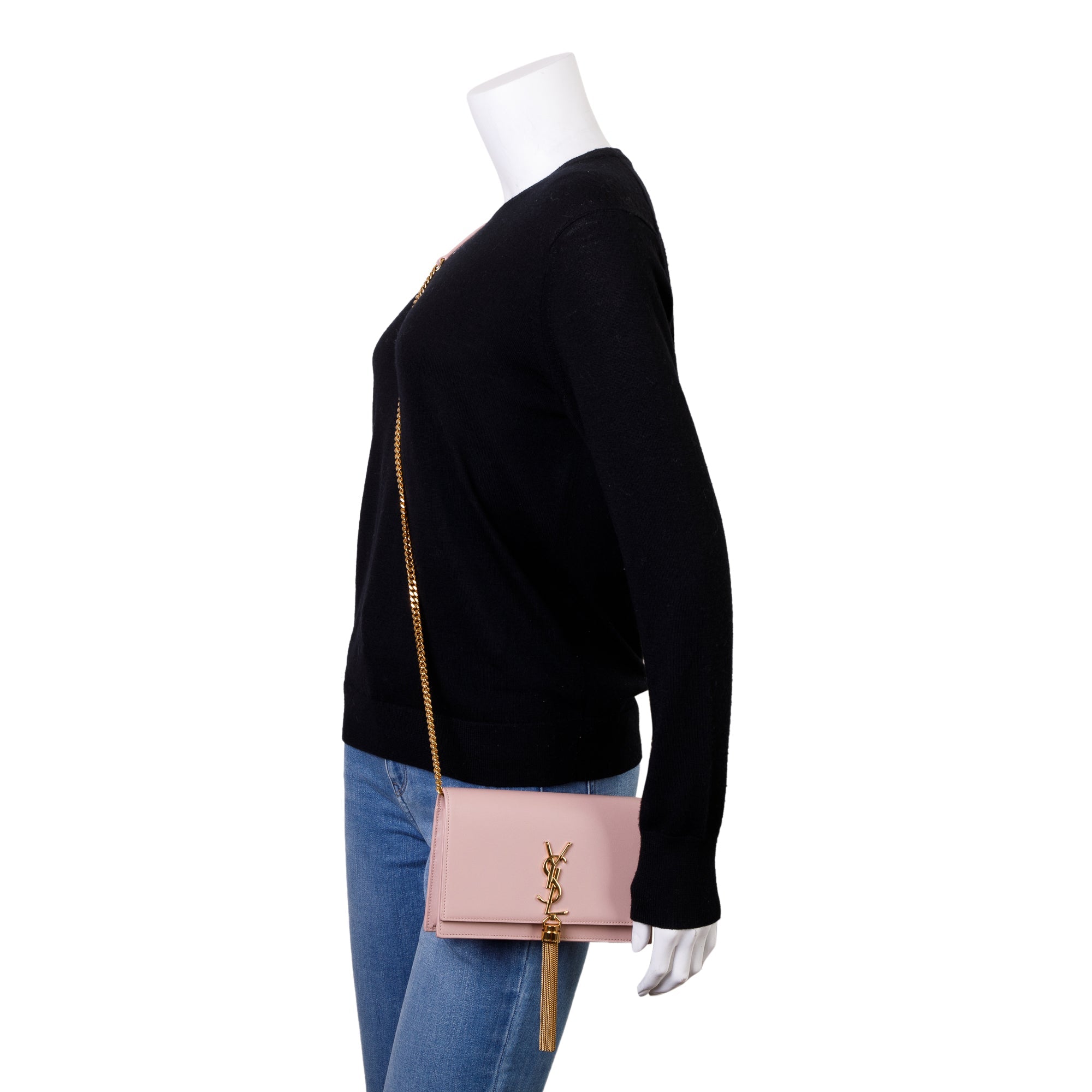 Saint Laurent Pink Smooth Calfskin Leather Small Classic Monogram Kate Tassel Chain Bag w/ Box