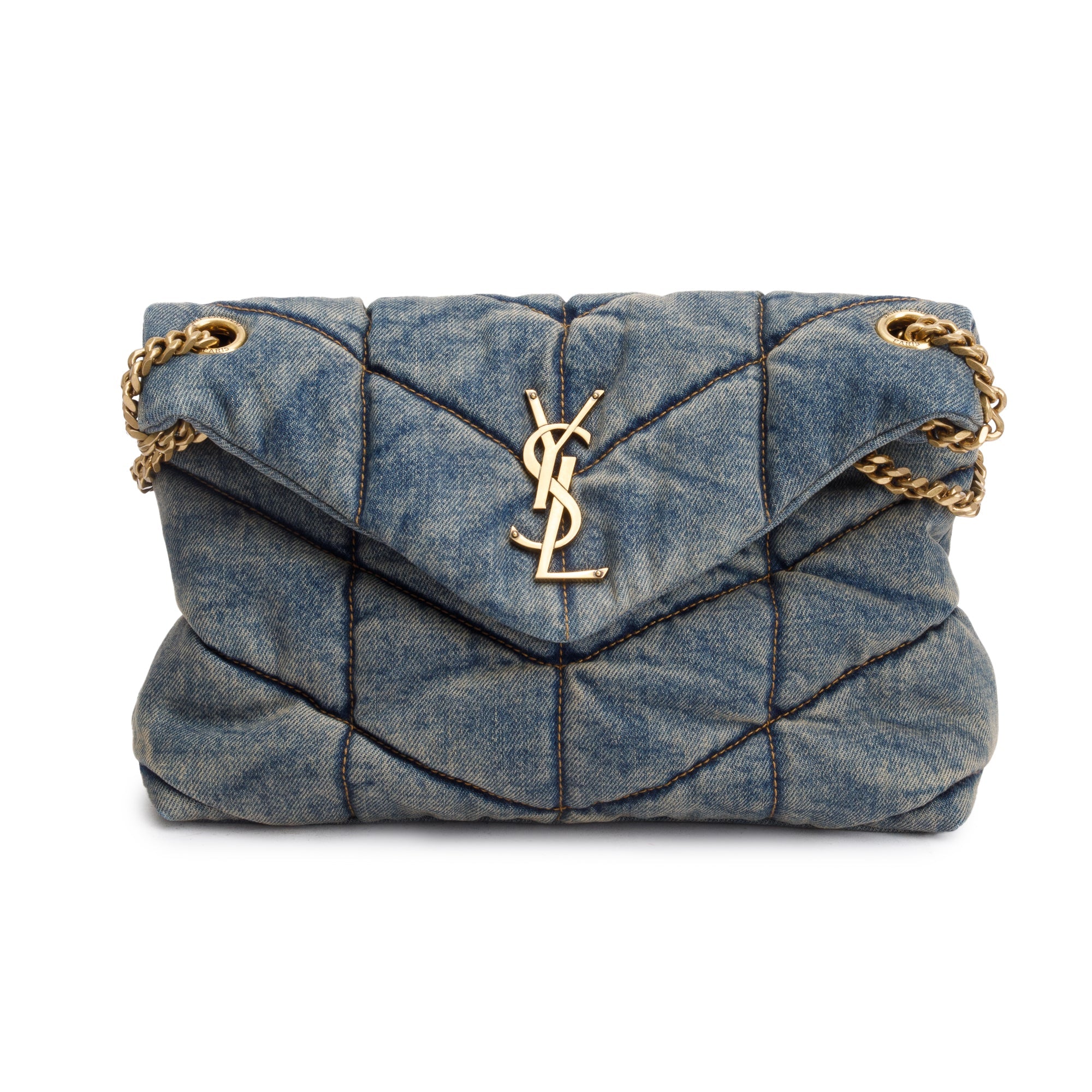 Saint Laurent Quilted Blue Denim Monogram Small Loulou Puffer Chain Satchel
