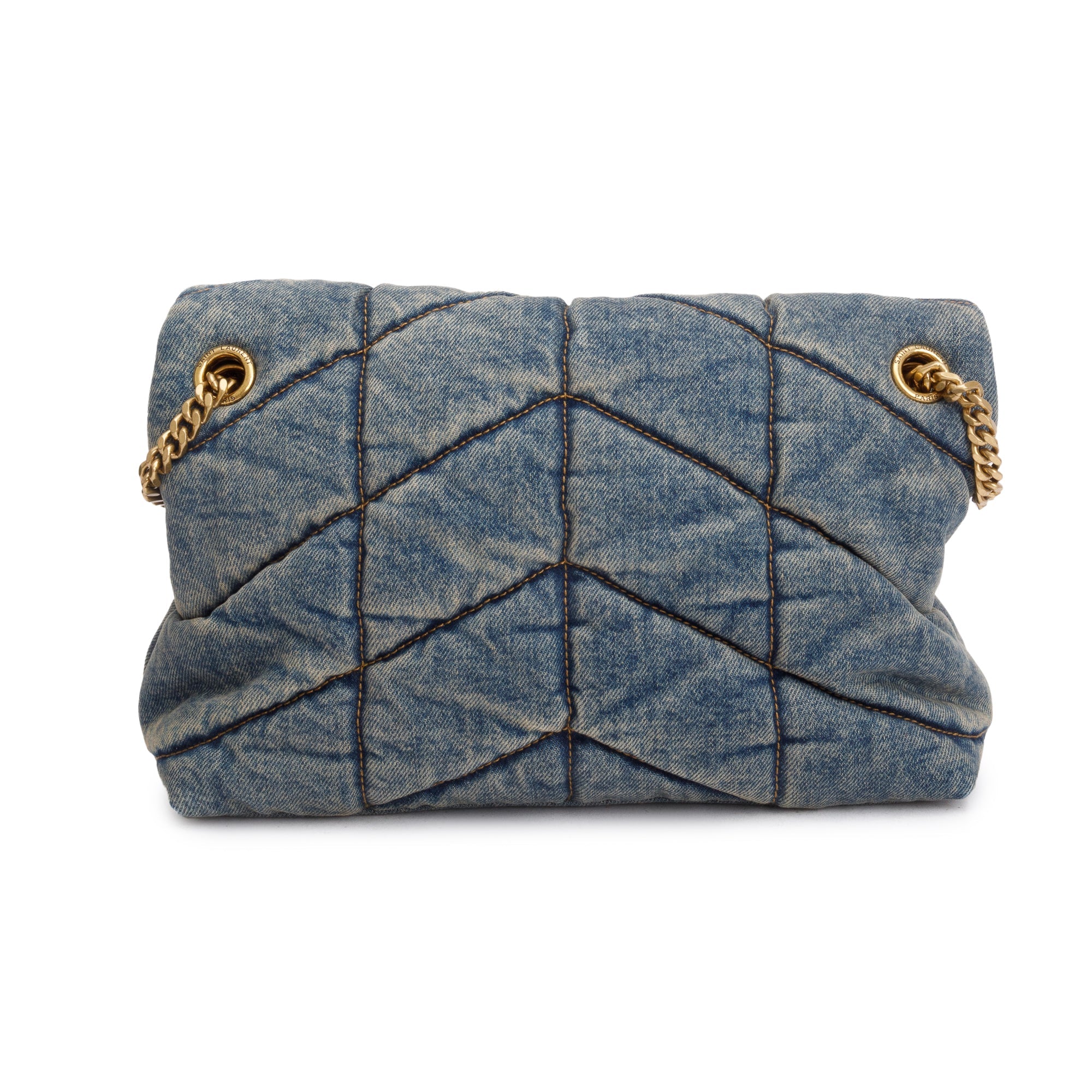 Saint Laurent Quilted Blue Denim Monogram Small Loulou Puffer Chain Satchel