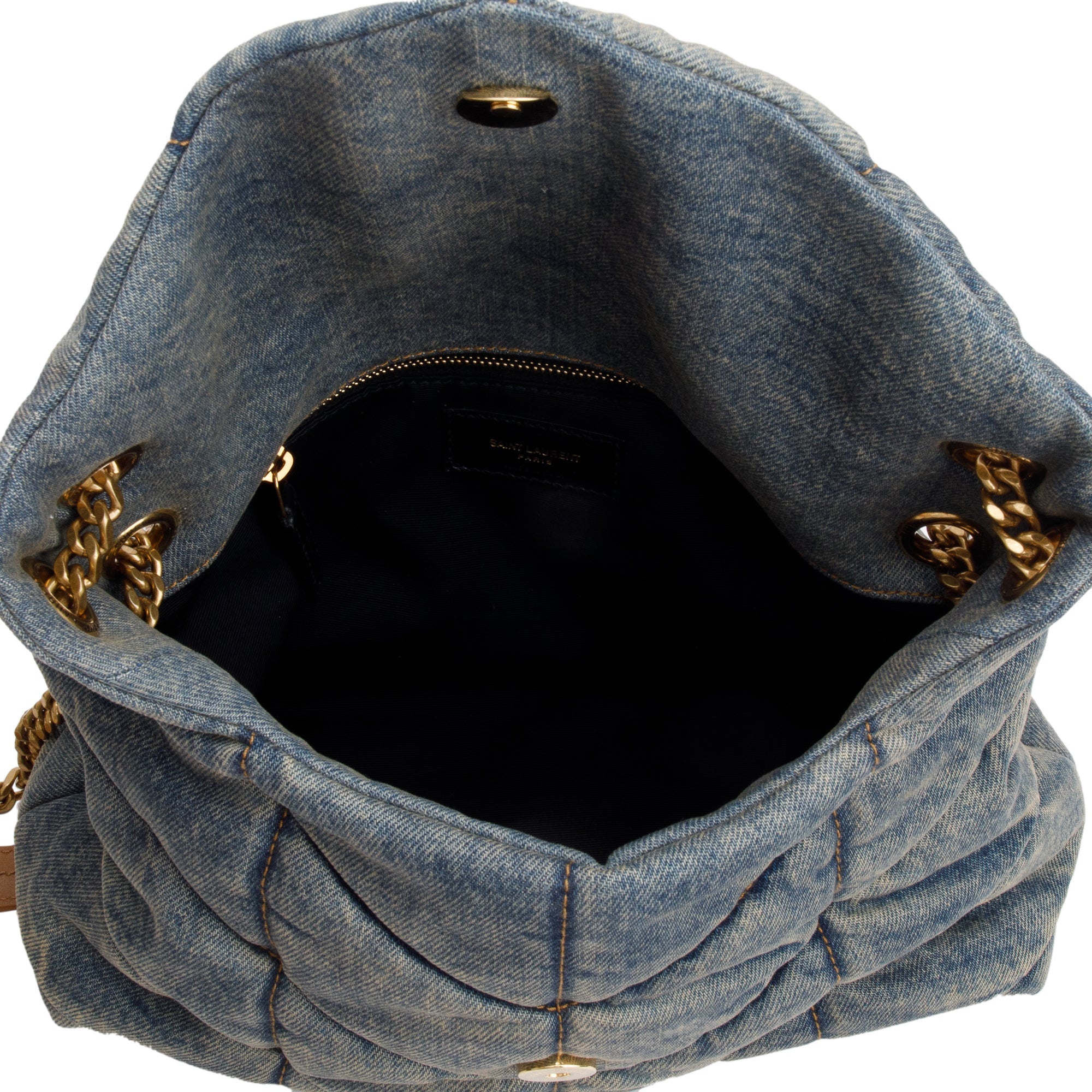 Saint Laurent Quilted Blue Denim Monogram Small Loulou Puffer Chain Satchel