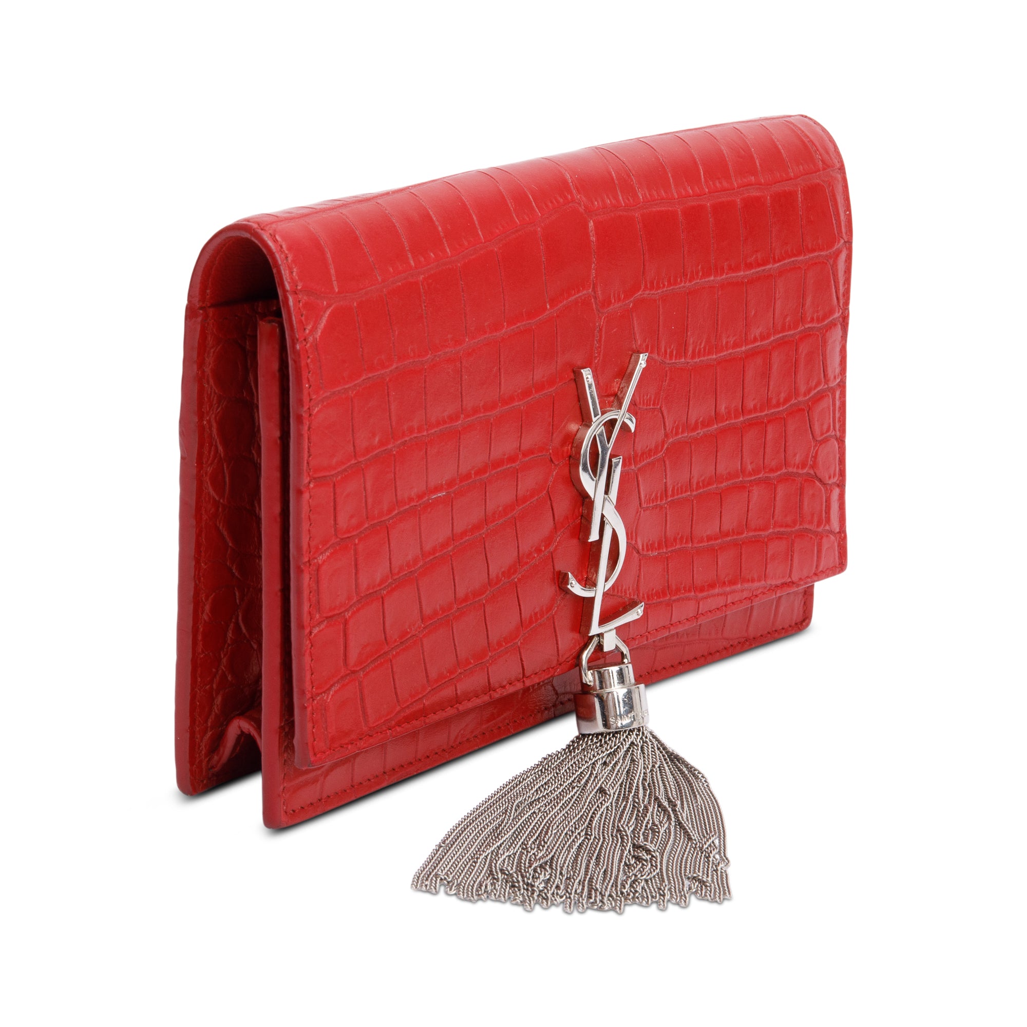Saint Laurent Red Croc Embossed Leather Kate Tassel Wallet on Chain