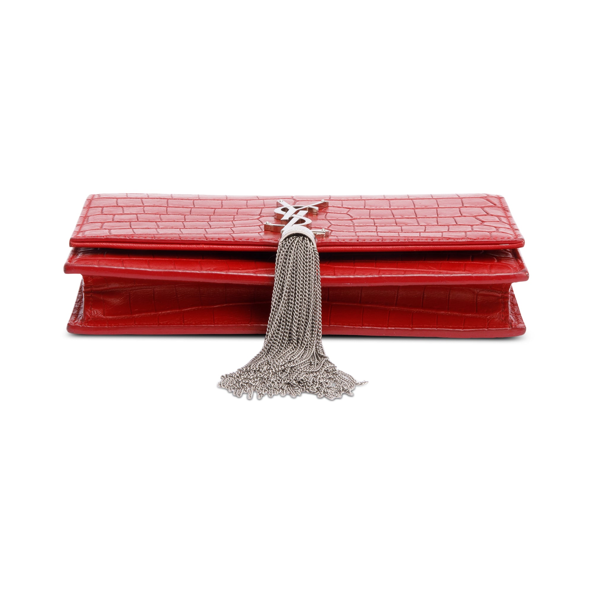 Saint Laurent Red Croc Embossed Leather Kate Tassel Wallet on Chain