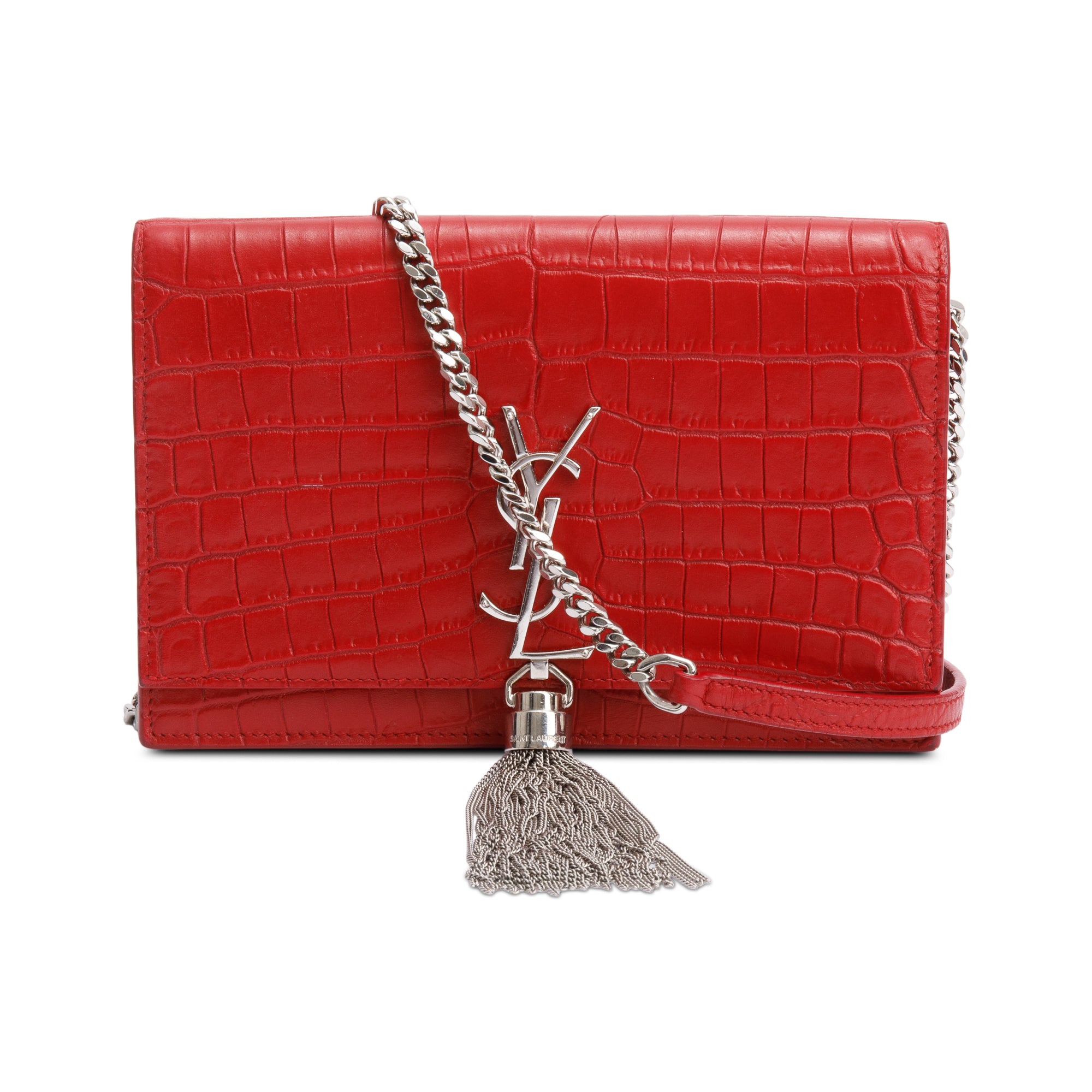 Saint Laurent Red Croc Embossed Leather Kate Tassel Wallet on
