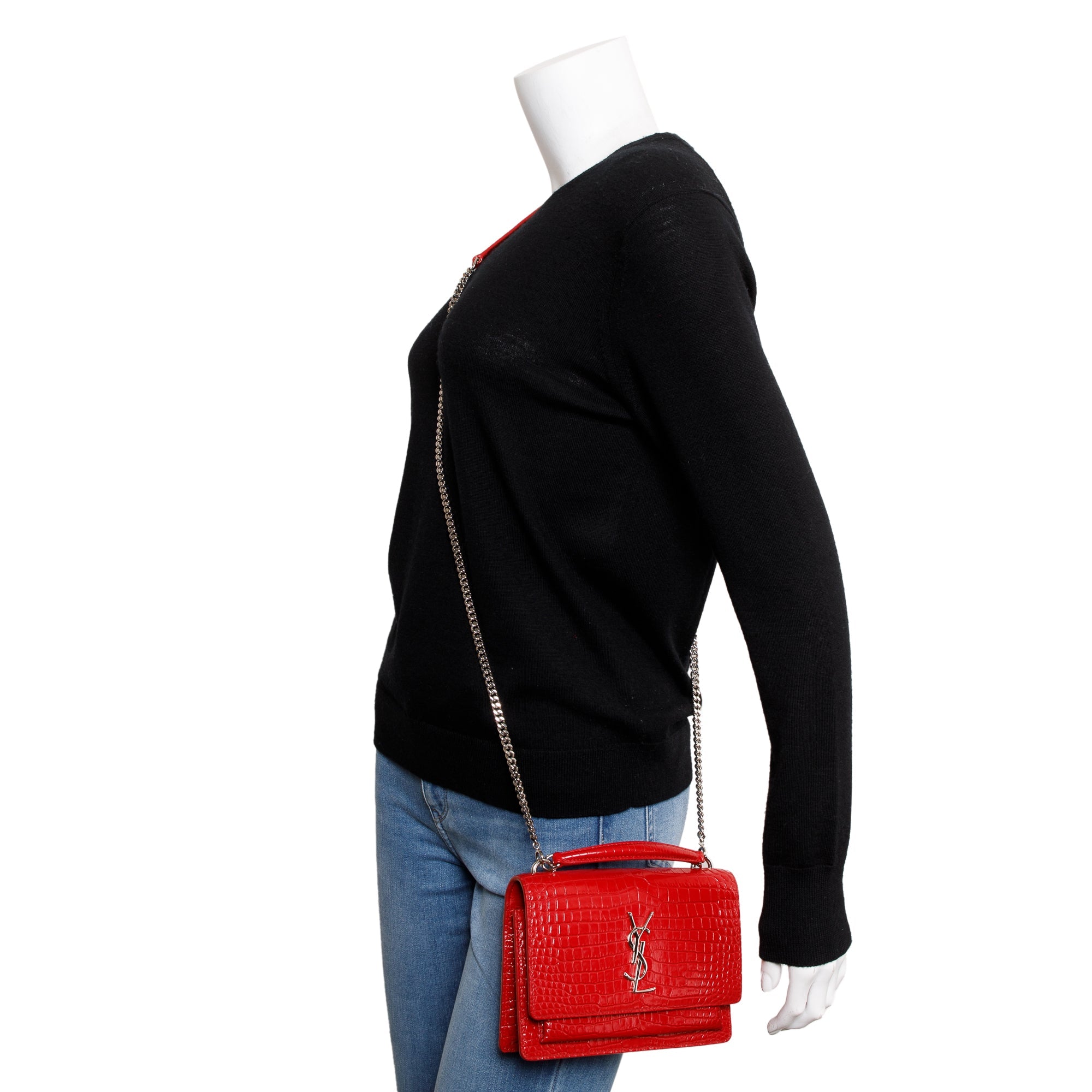 Saint Laurent Red Crocodile Embossed Sunset Chain Wallet