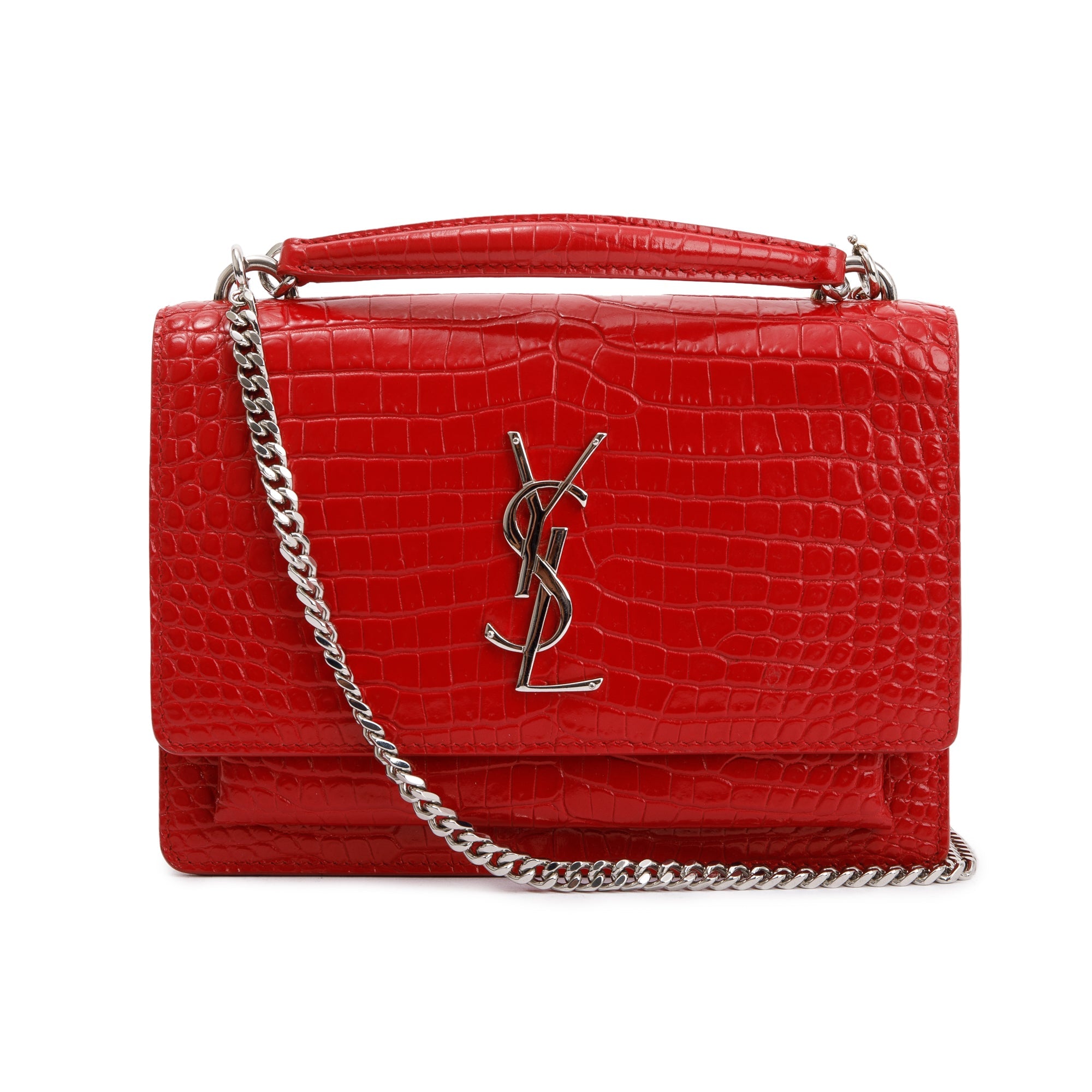 Saint Laurent Red Crocodile Embossed Sunset Chain Wallet