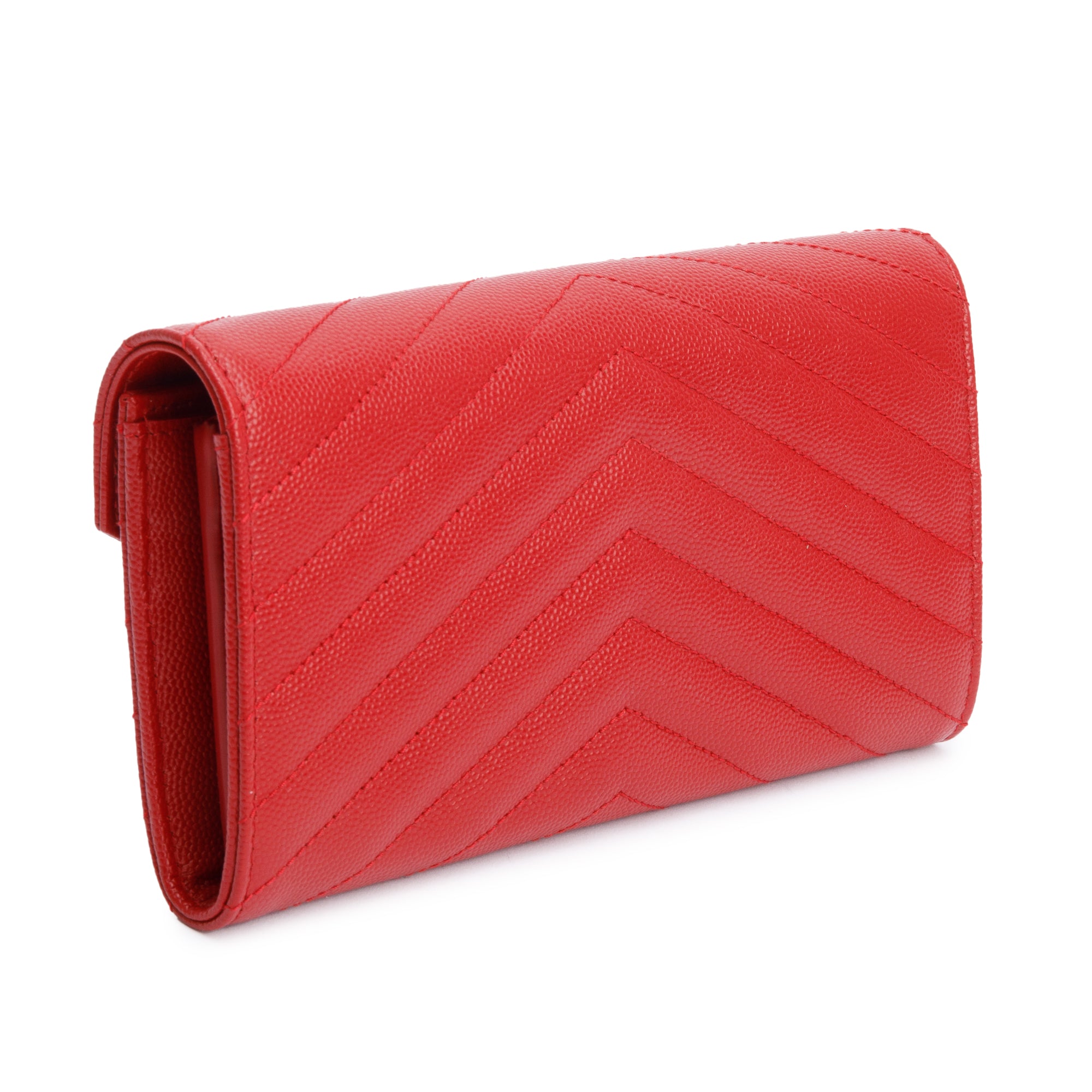 Saint Laurent Red Grain De Poudre Cassandre Matelasse Large Flap Wallet w/ Box