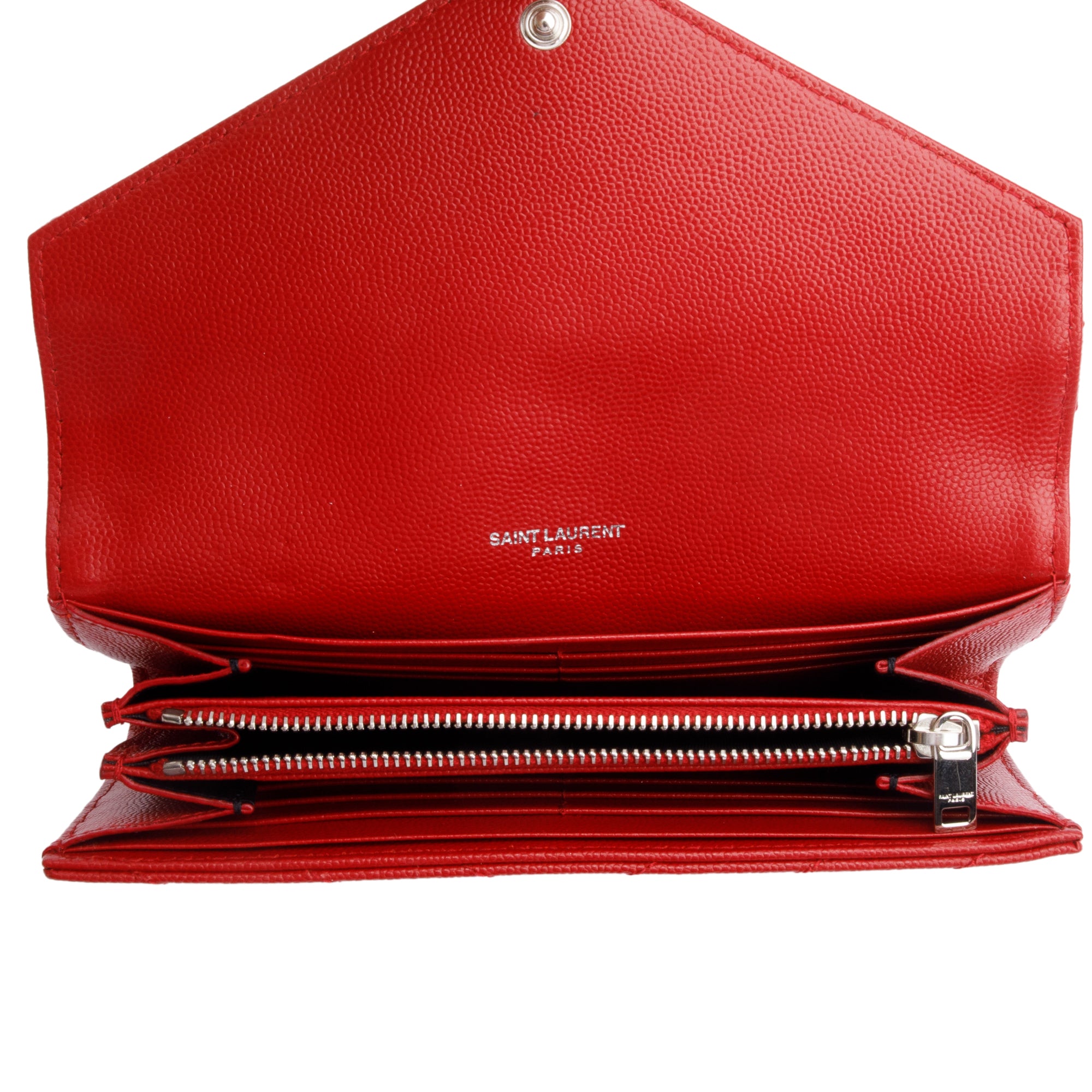 Saint Laurent Red Grain De Poudre Cassandre Matelasse Large Flap Wallet w/ Box