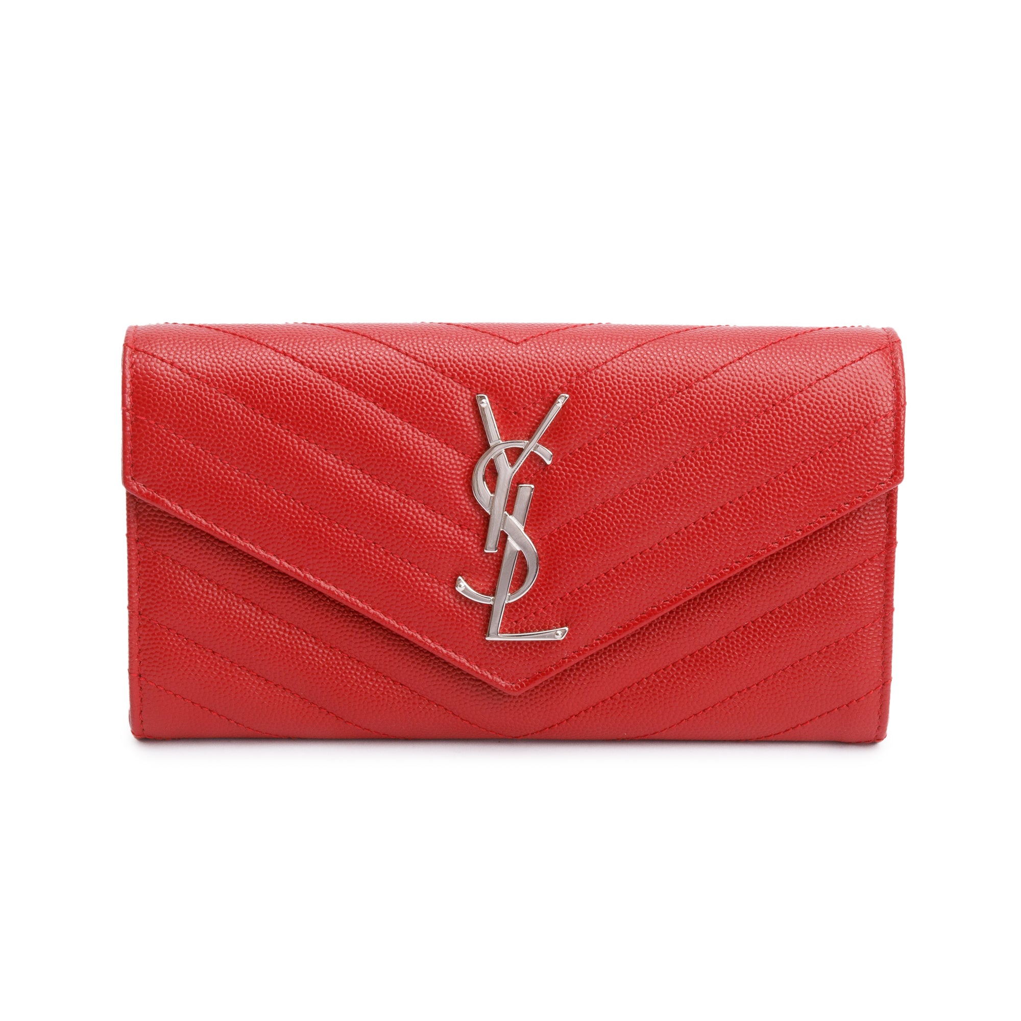 Saint Laurent Red Grain De Poudre Cassandre Matelasse Large Flap Wallet w/ Box