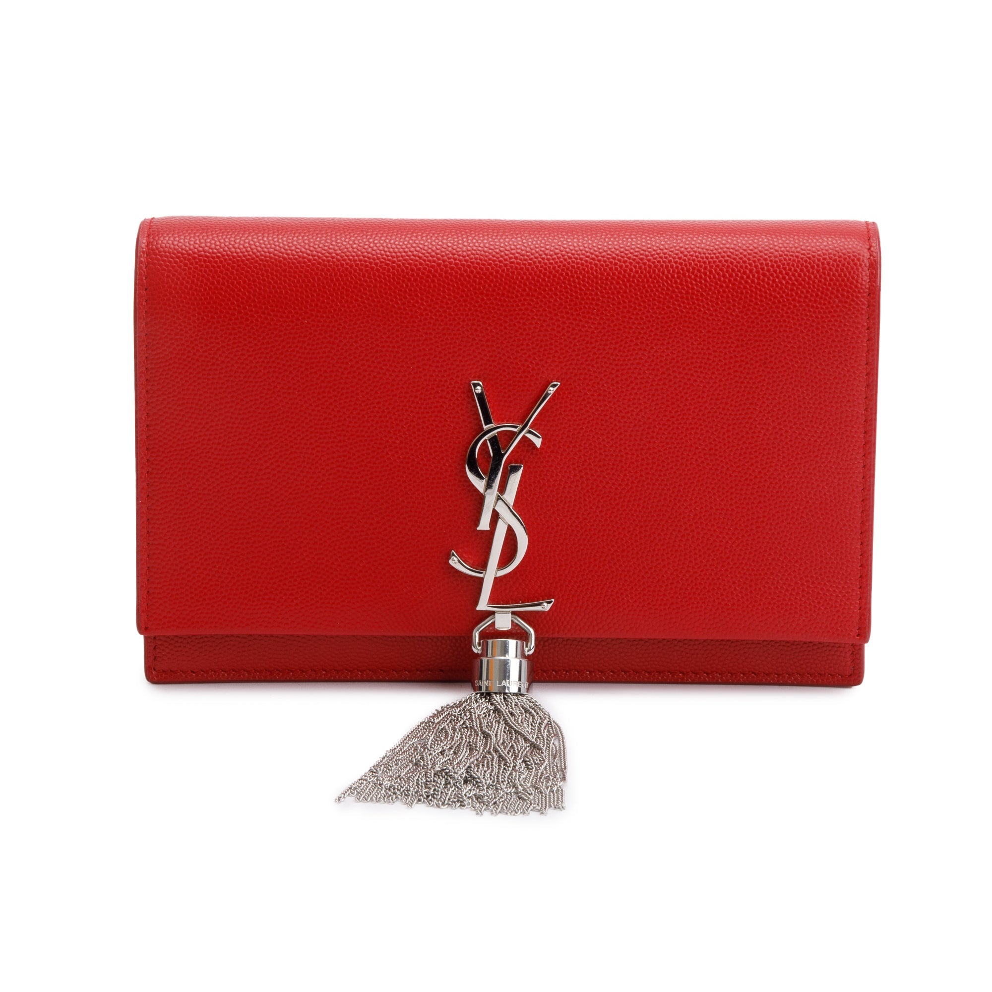 Saint Laurent Red Grain De Poudre Leather Kate Tassel Wallet on Chain