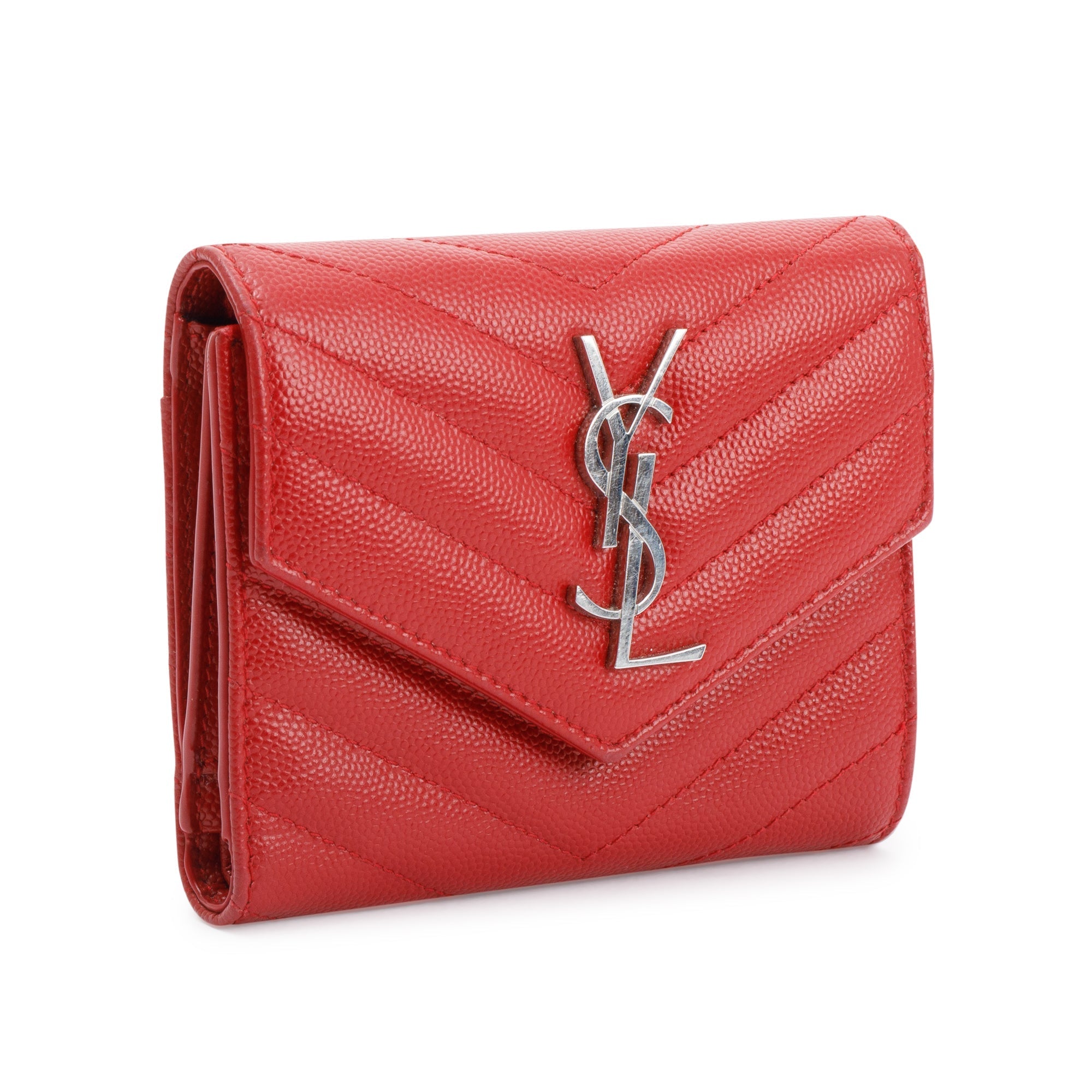Saint Laurent Red Grain de Poudre Leather Cassandre Matelasse Compact Tri-Fold Wallet