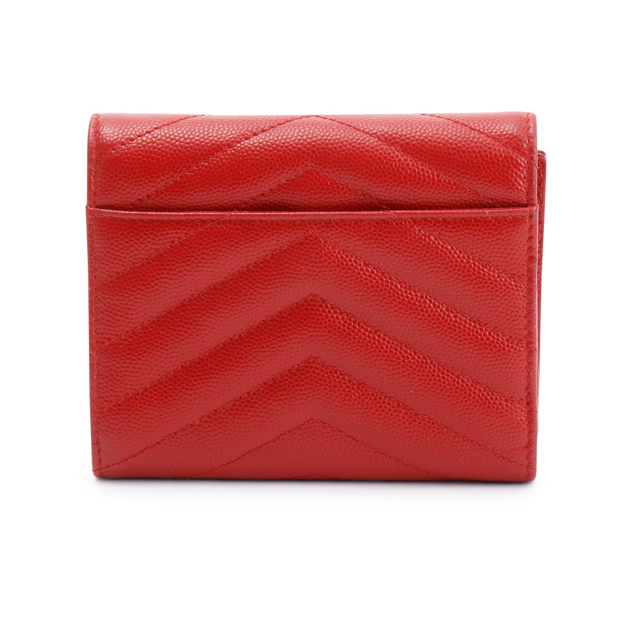 Saint Laurent Red Grain de Poudre Leather Cassandre Matelasse Compact Tri-Fold Wallet