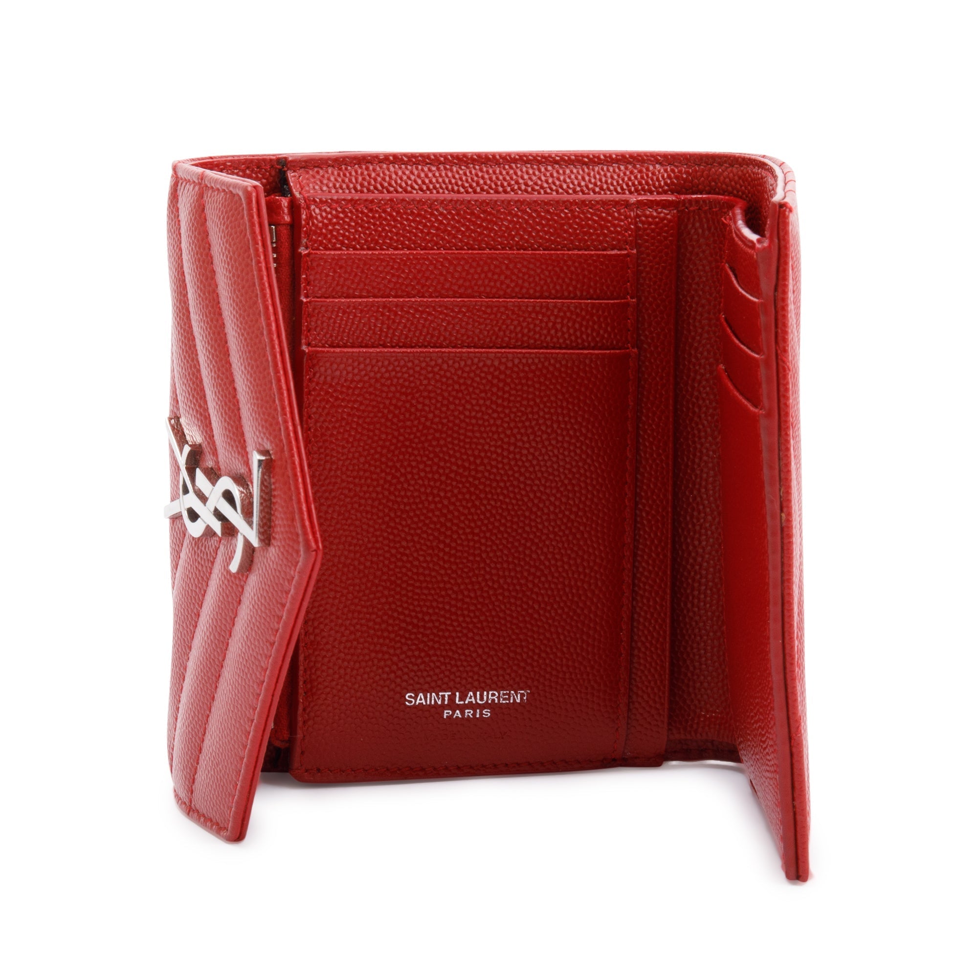 Saint Laurent Red Grain de Poudre Leather Cassandre Matelasse Compact Tri-Fold Wallet