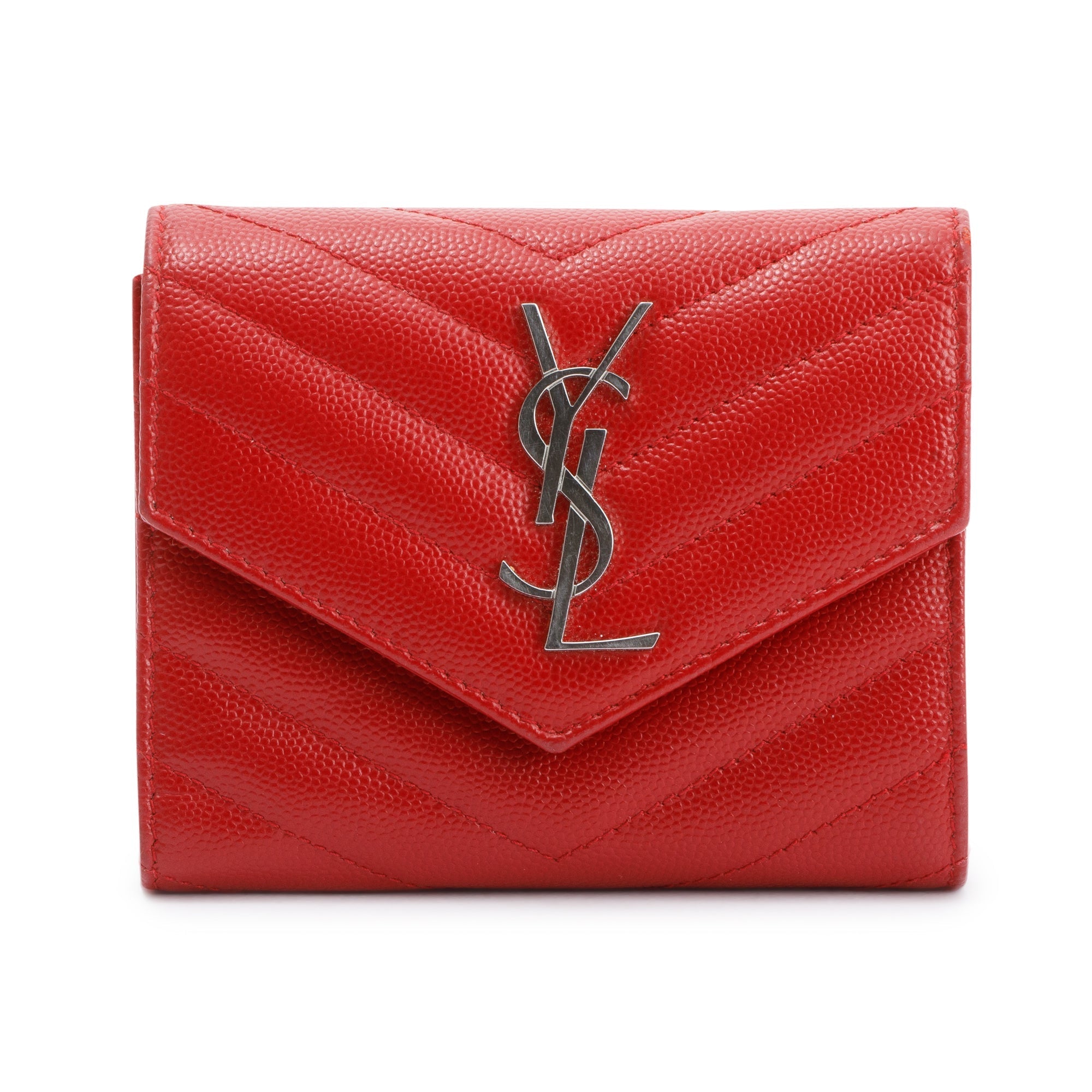 Saint Laurent Red Grain de Poudre Leather Cassandre Matelasse Compact Tri-Fold Wallet