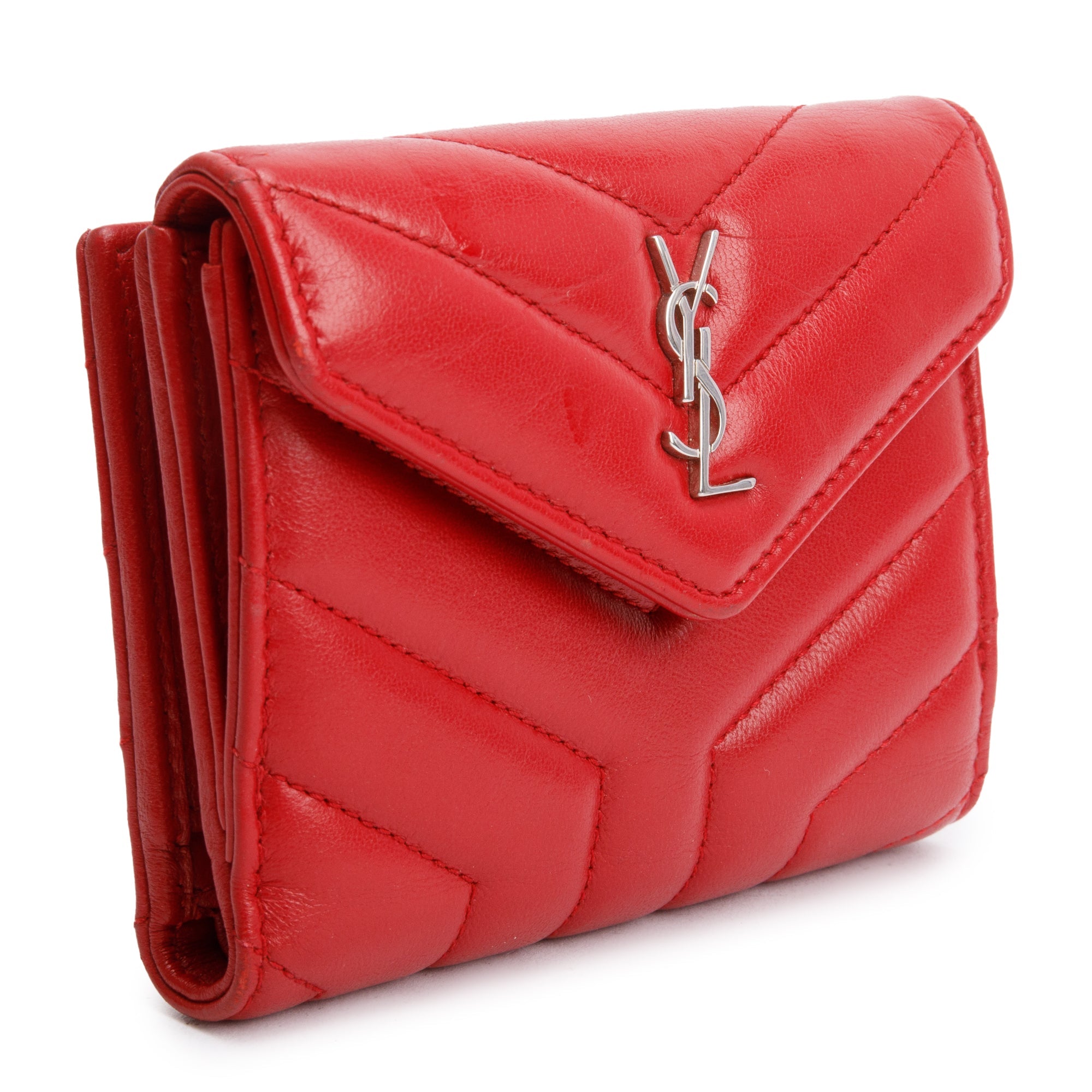 Saint Laurent Red Leather Compact Loulou Wallet w/ Box & Receipt
