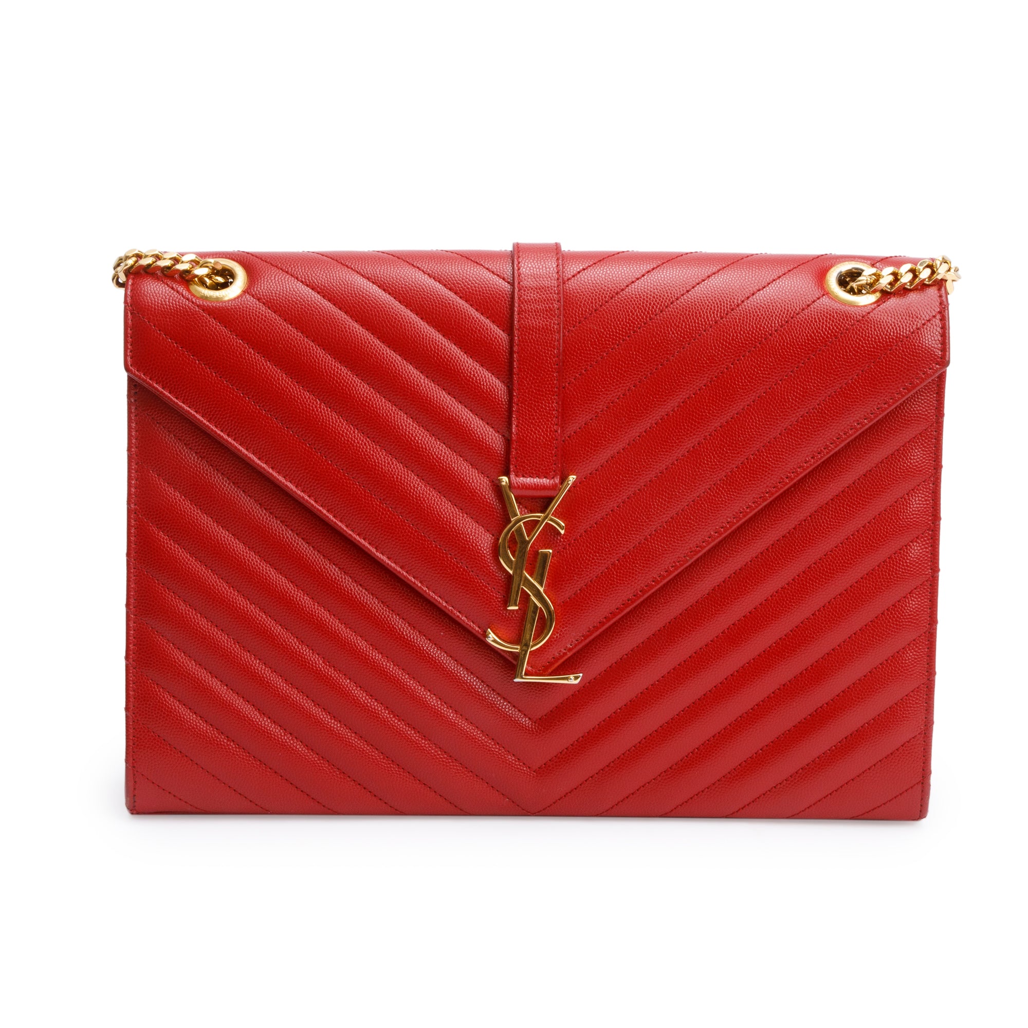Saint Laurent Red Quilted Grain De Poudre Leather Large Envelope Chain Bag