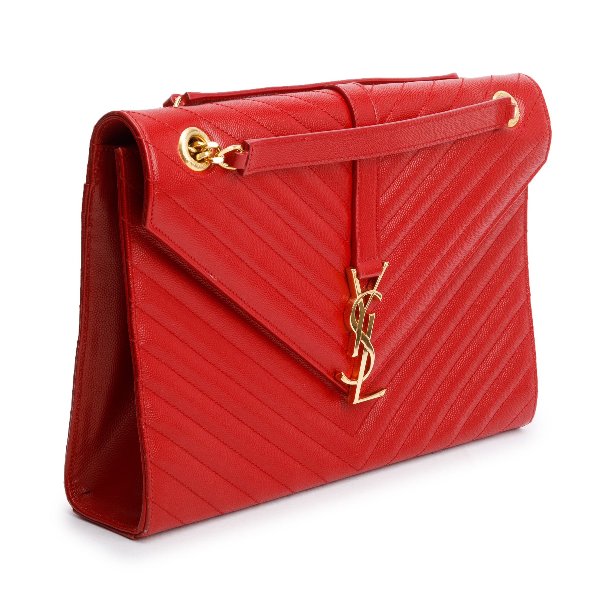 Saint Laurent Red Quilted Grain De Poudre Leather Large Envelope Chain Bag
