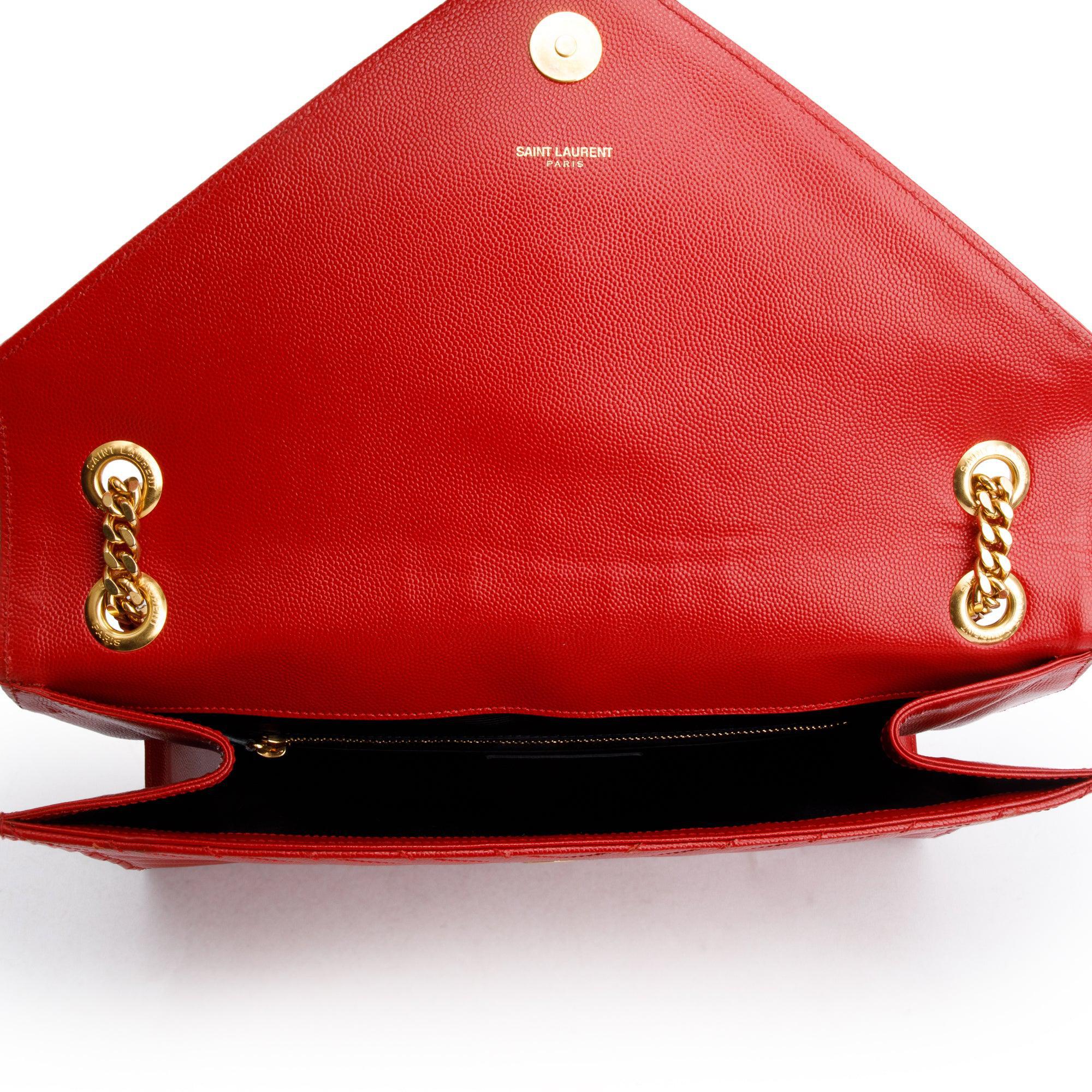 Saint Laurent Red Quilted Grain De Poudre Leather Large Envelope Chain Bag