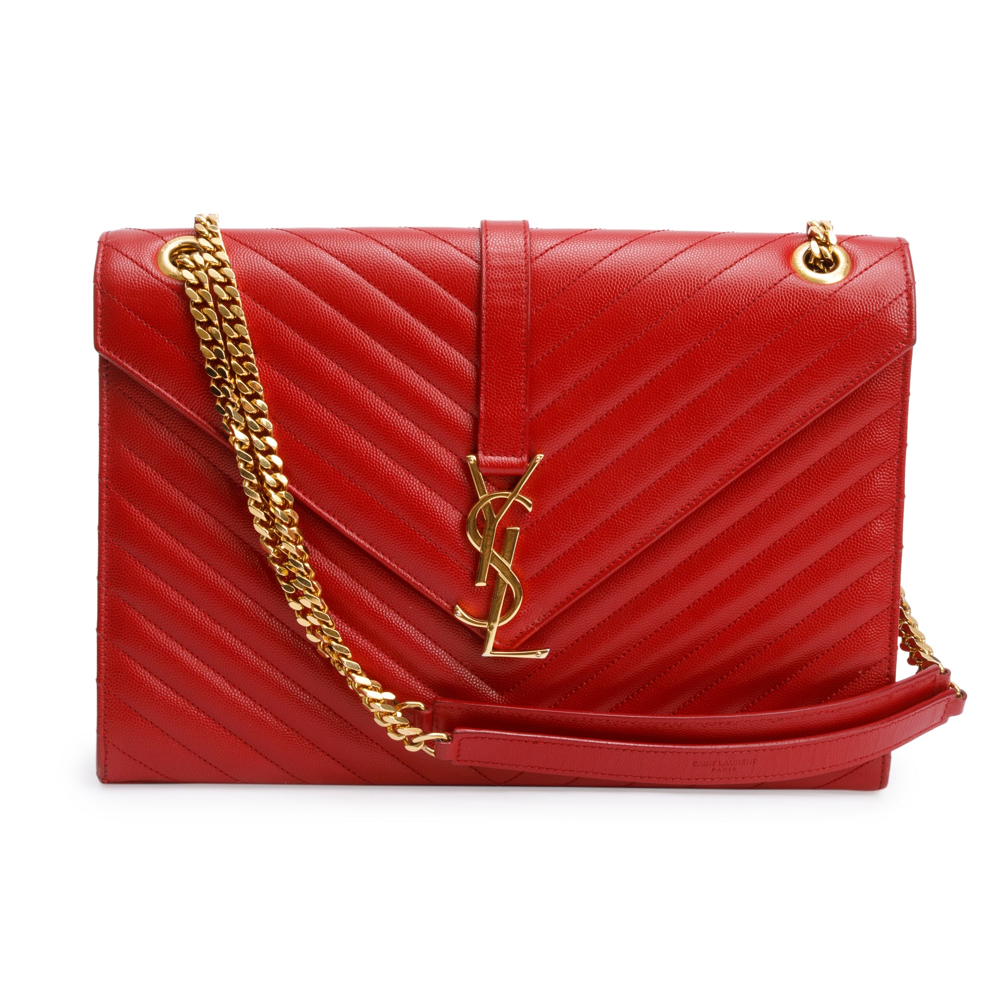 Saint Laurent Red Quilted Grain De Poudre Leather Large Envelope Chain Bag