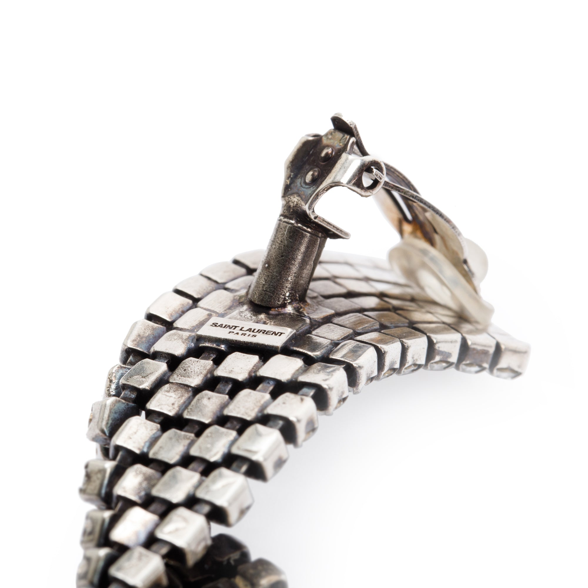 Saint Laurent Silver Metal Crystal Twist Clip On Drop Earrings w/ Box