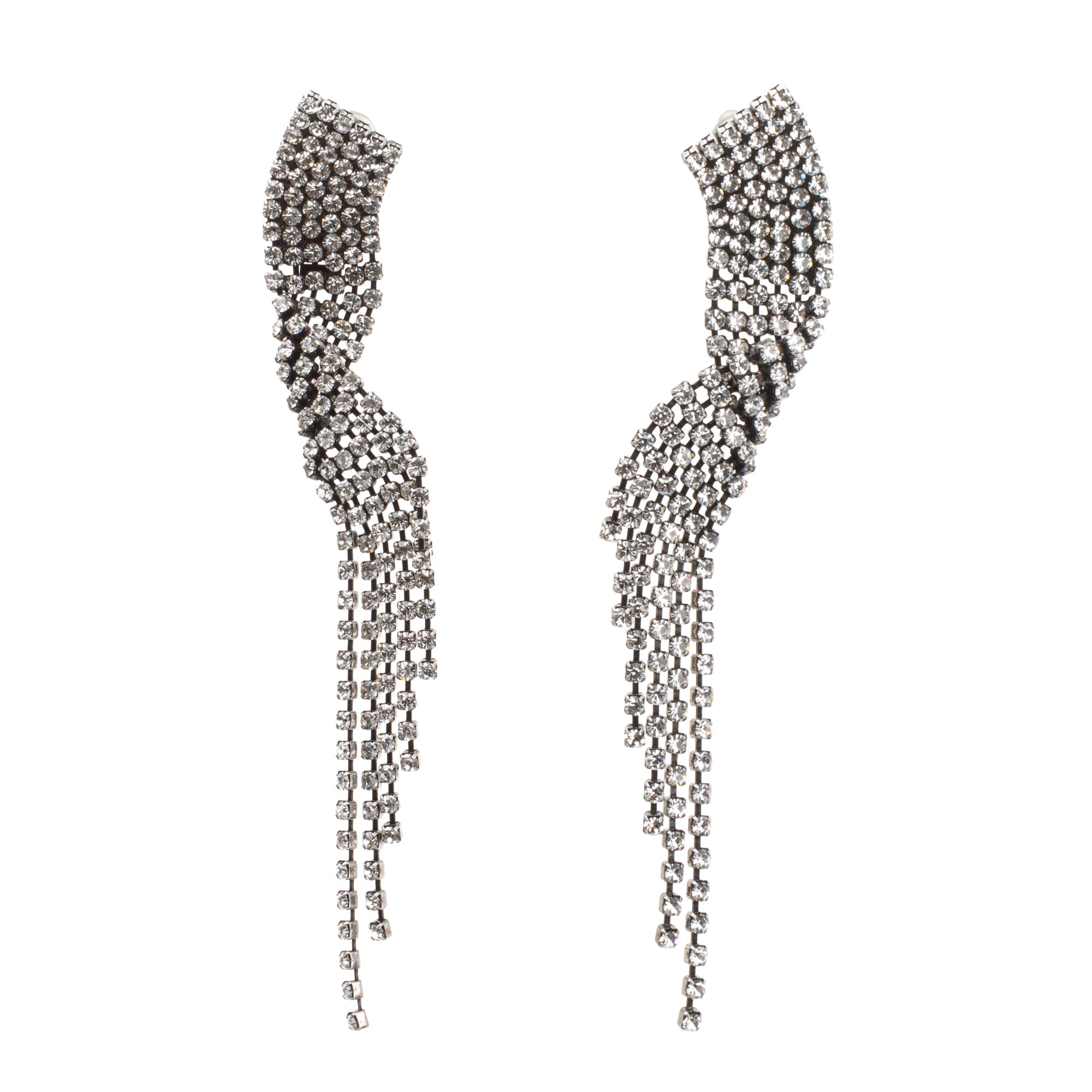 Saint Laurent Silver Metal Crystal Twist Clip On Drop Earrings w/ Box