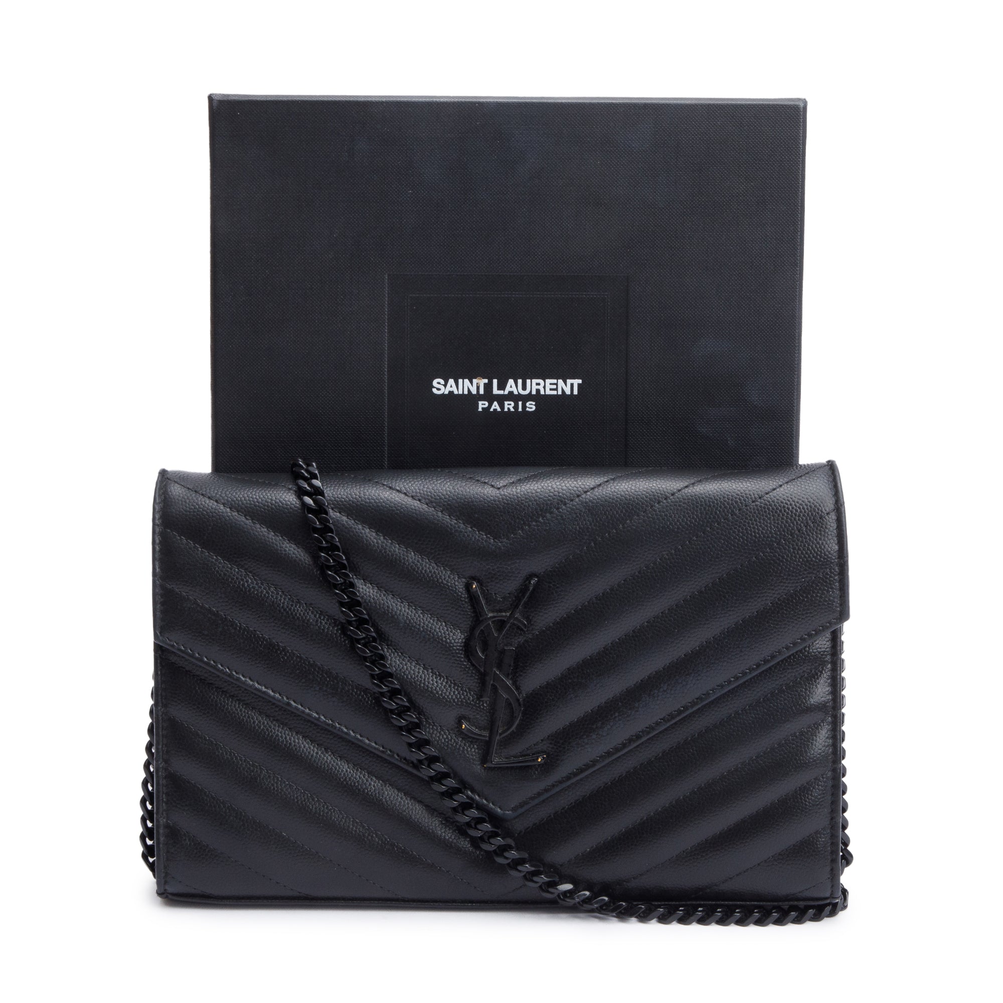 Saint Laurent So Black Grain De Poudre Leather Classic Cassandre Envelope Chain Wallet w/ Box