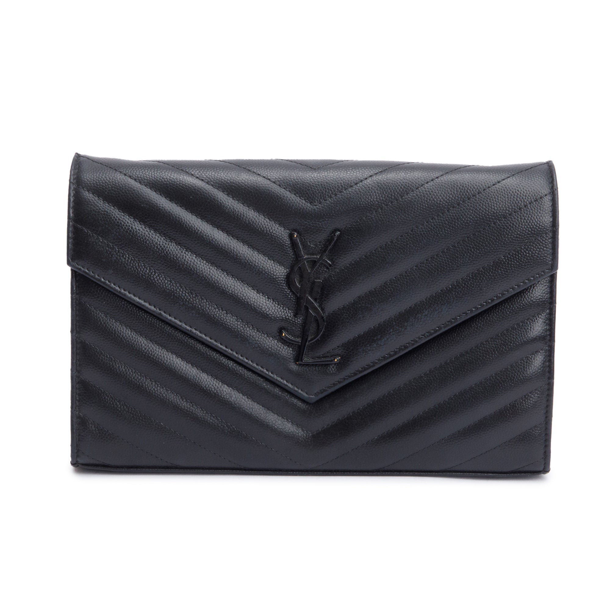 Saint Laurent So Black Grain De Poudre Leather Classic Cassandre Envelope Chain Wallet w/ Box