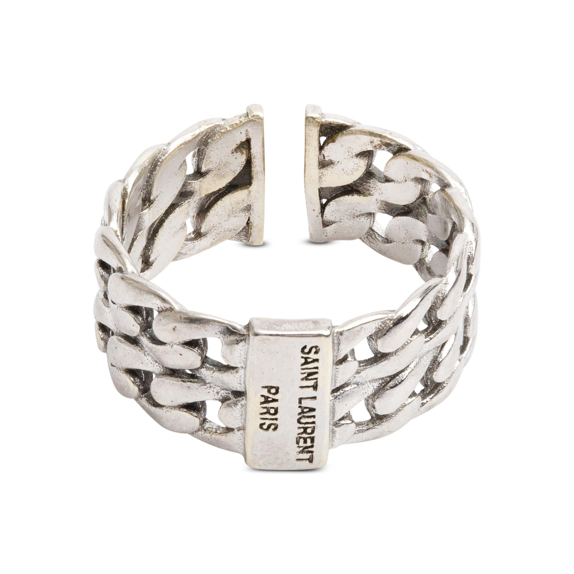 Saint Laurent Sterling Silver Logo Engraved Chain Ring, Size 6.5