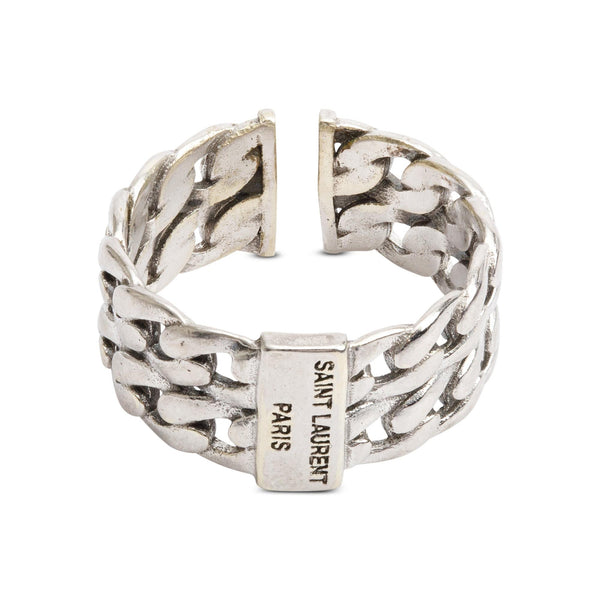 Saint Laurent Sterling Silver Logo Engraved Chain Ring, Size 6.5