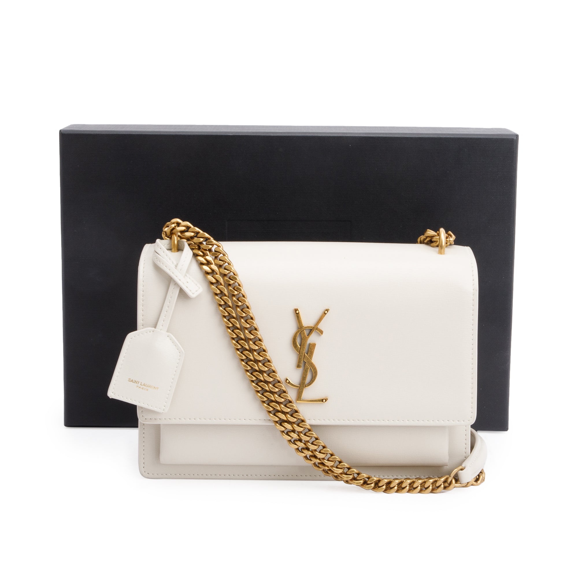 Saint Laurent White Calfskin Leather Medium Sunset Shoulder Bag w/ Box