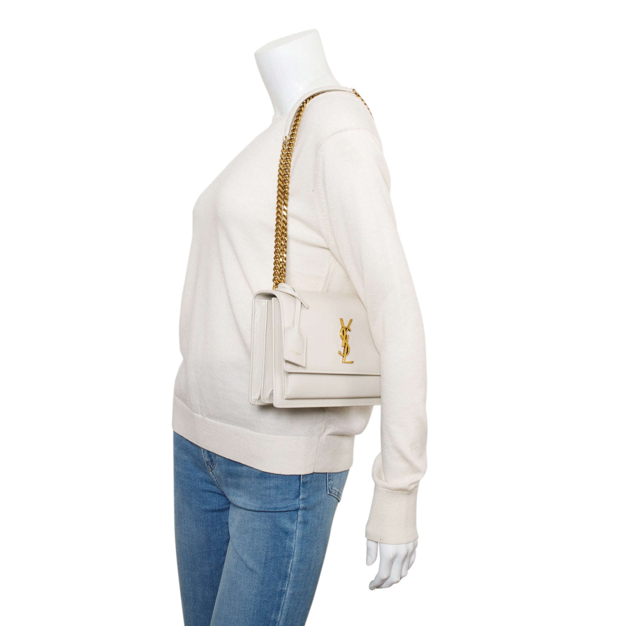 Saint Laurent White Calfskin Leather Medium Sunset Shoulder Bag w/ Box