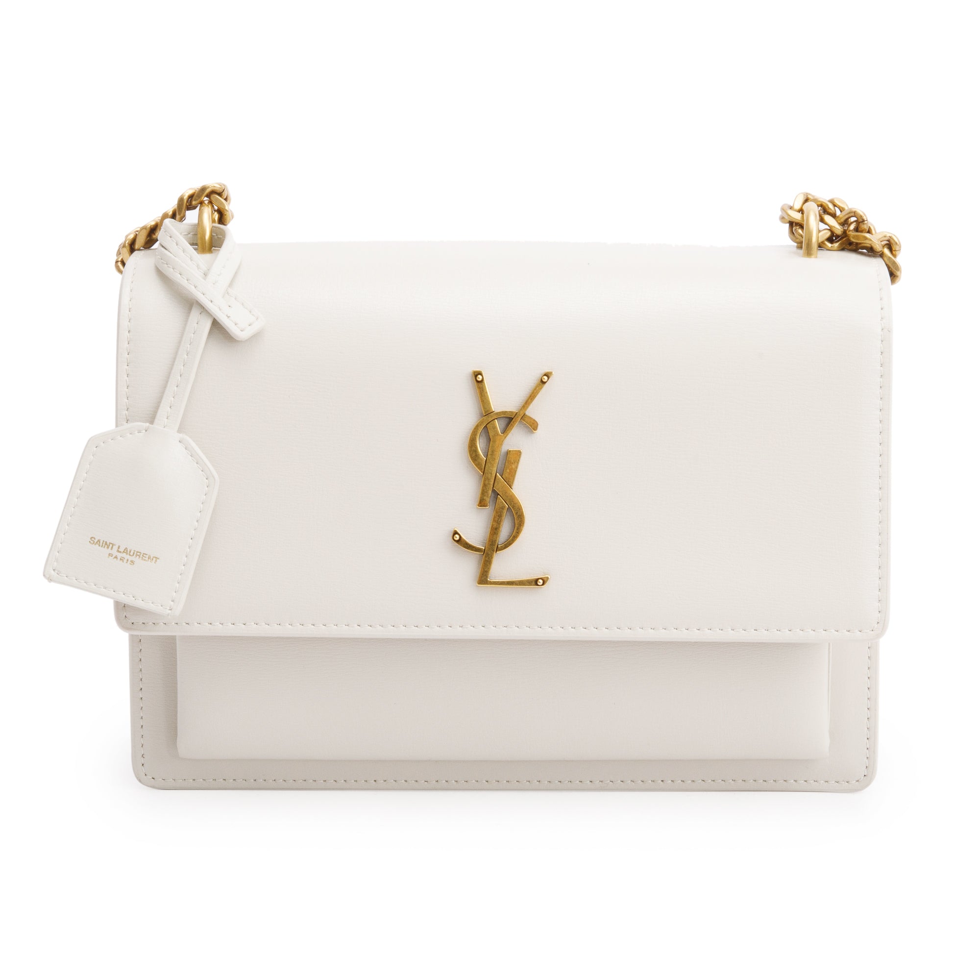 Saint Laurent White Calfskin Leather Medium Sunset Shoulder Bag w/ Box