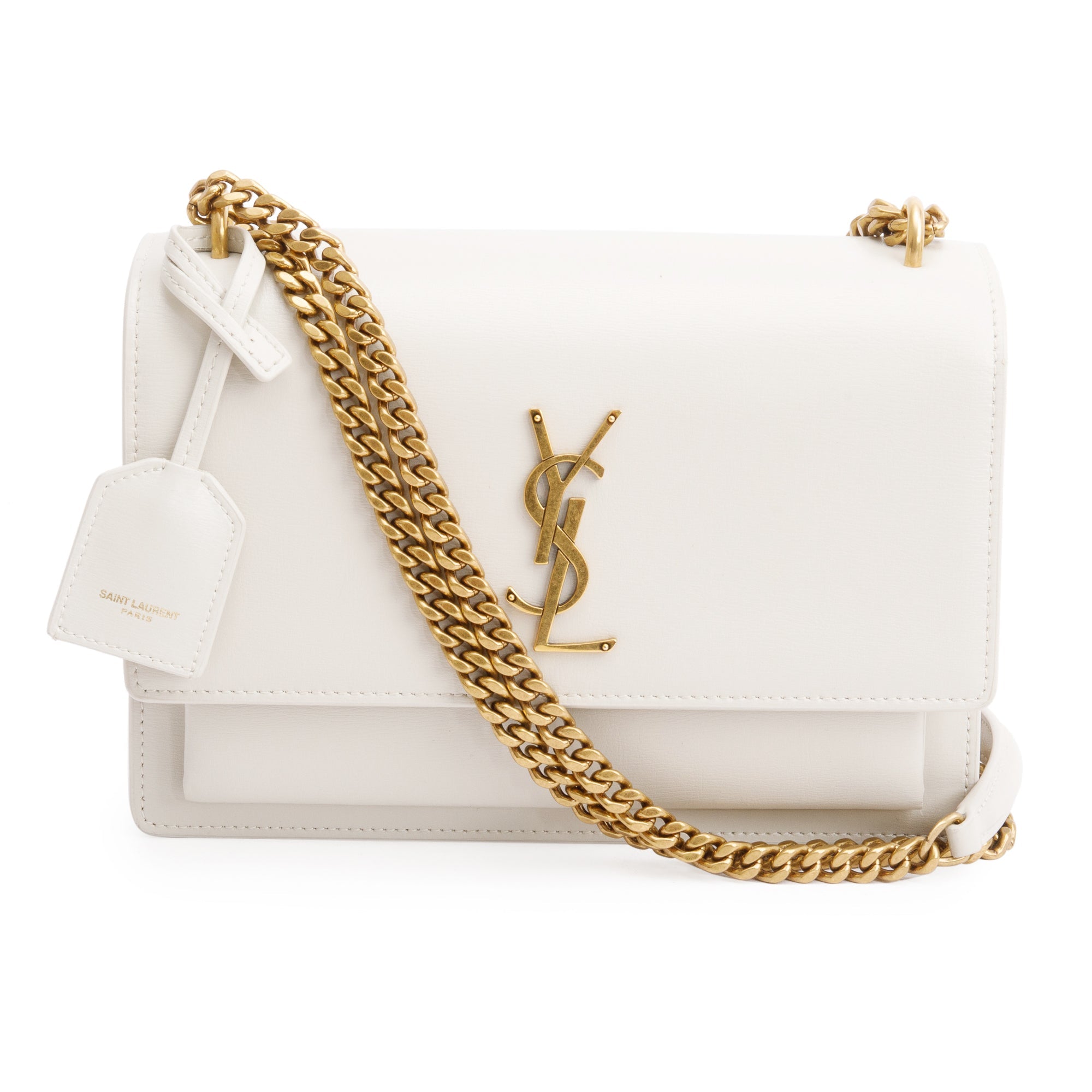 Saint Laurent White Calfskin Leather Medium Sunset Shoulder Bag w/ Box