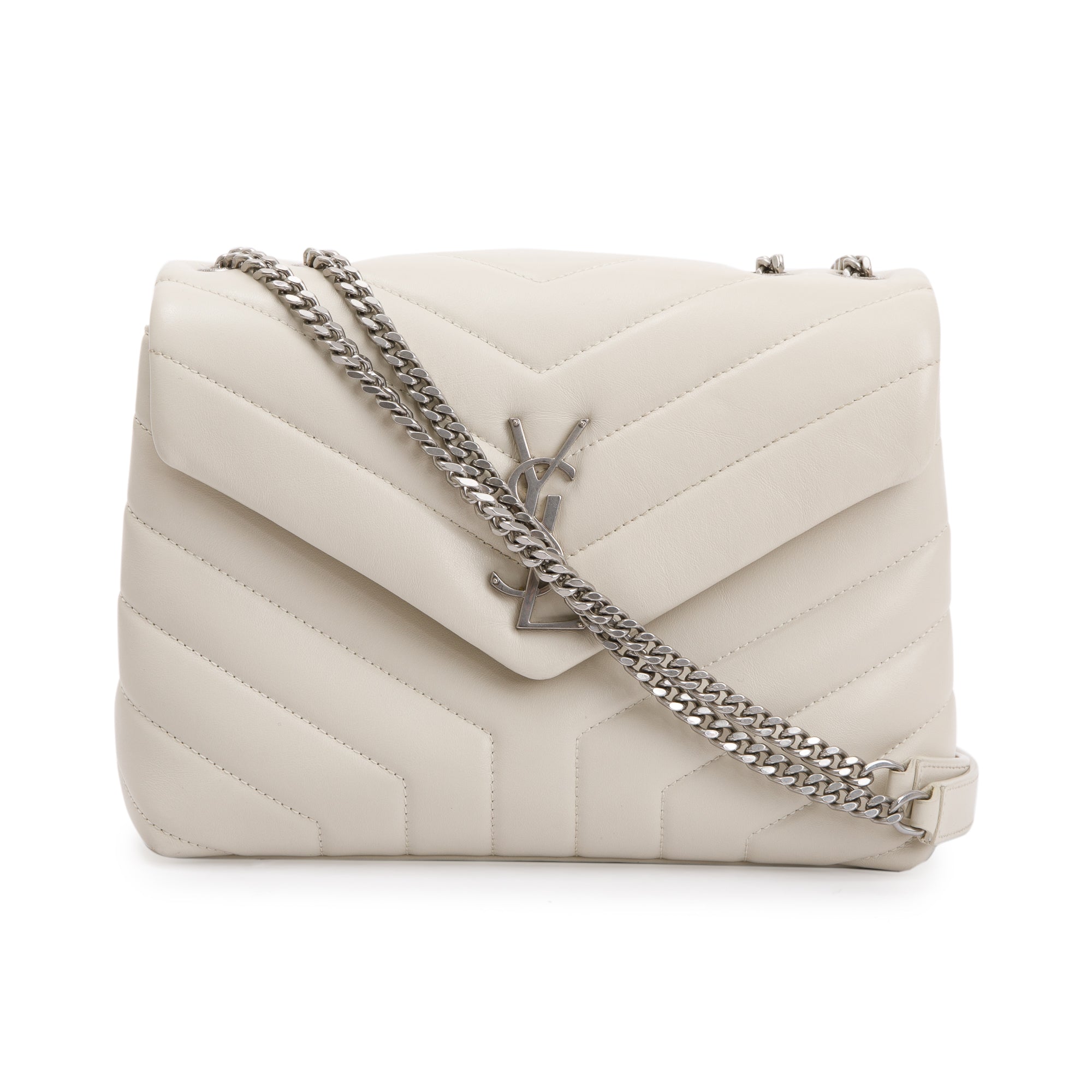 Saint Laurent White Calfskin Leather Small Loulou Monogram Shoulder Bag