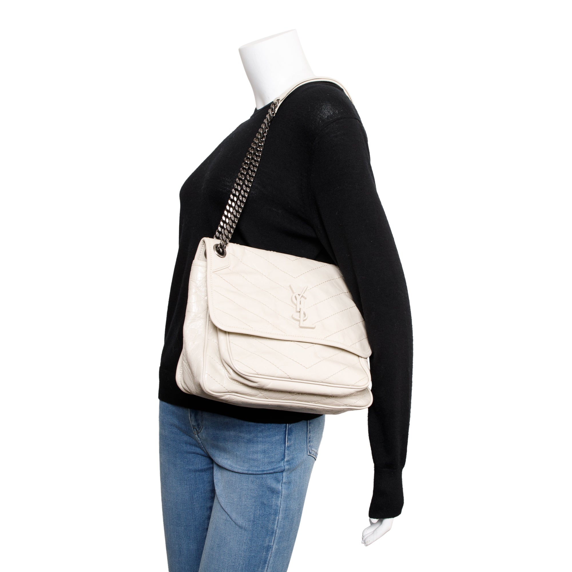 Saint Laurent White Crinkled Calfskin Leather Medium Niki Shoulder Bag