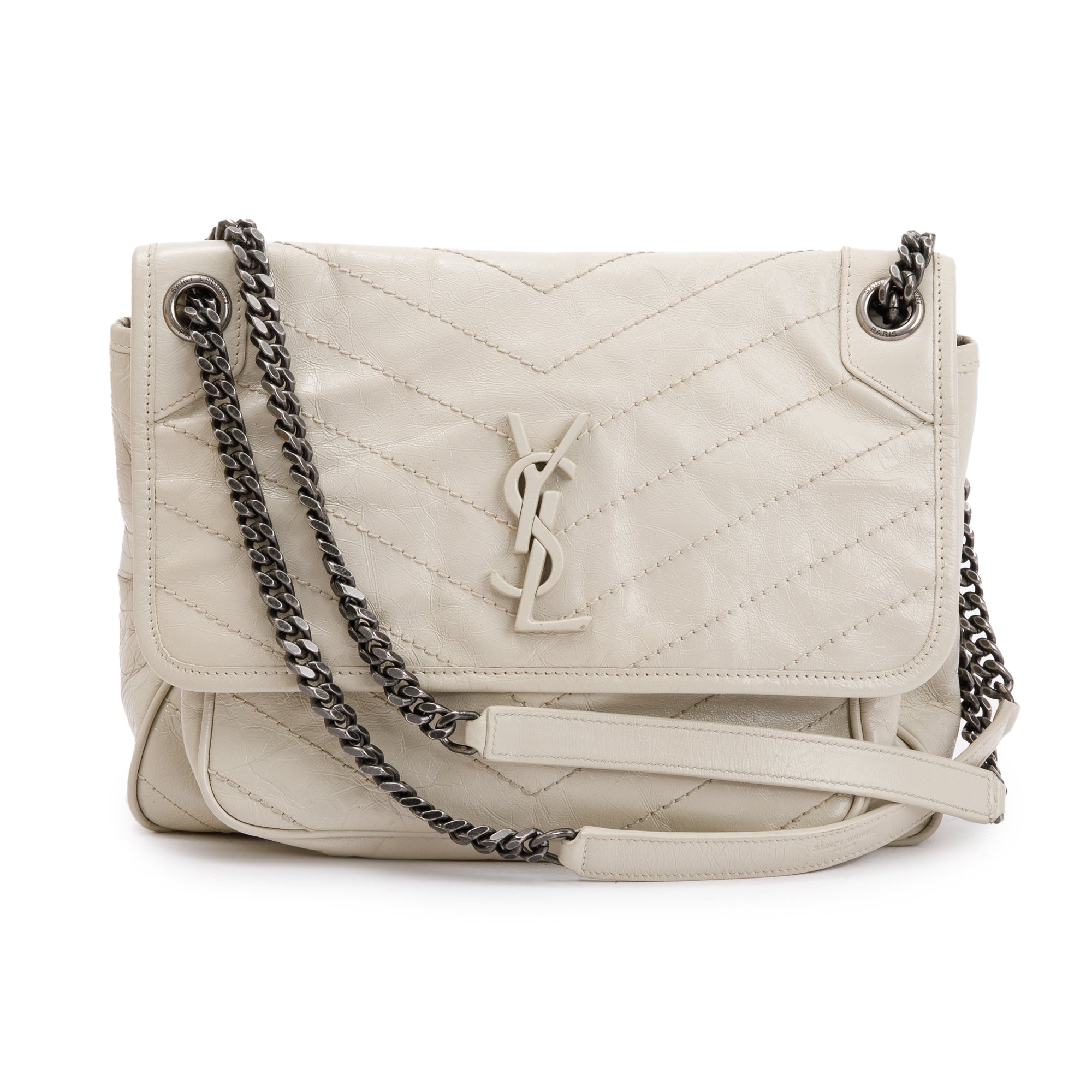 Saint Laurent White Crinkled Calfskin Leather Medium Niki Shoulder Bag