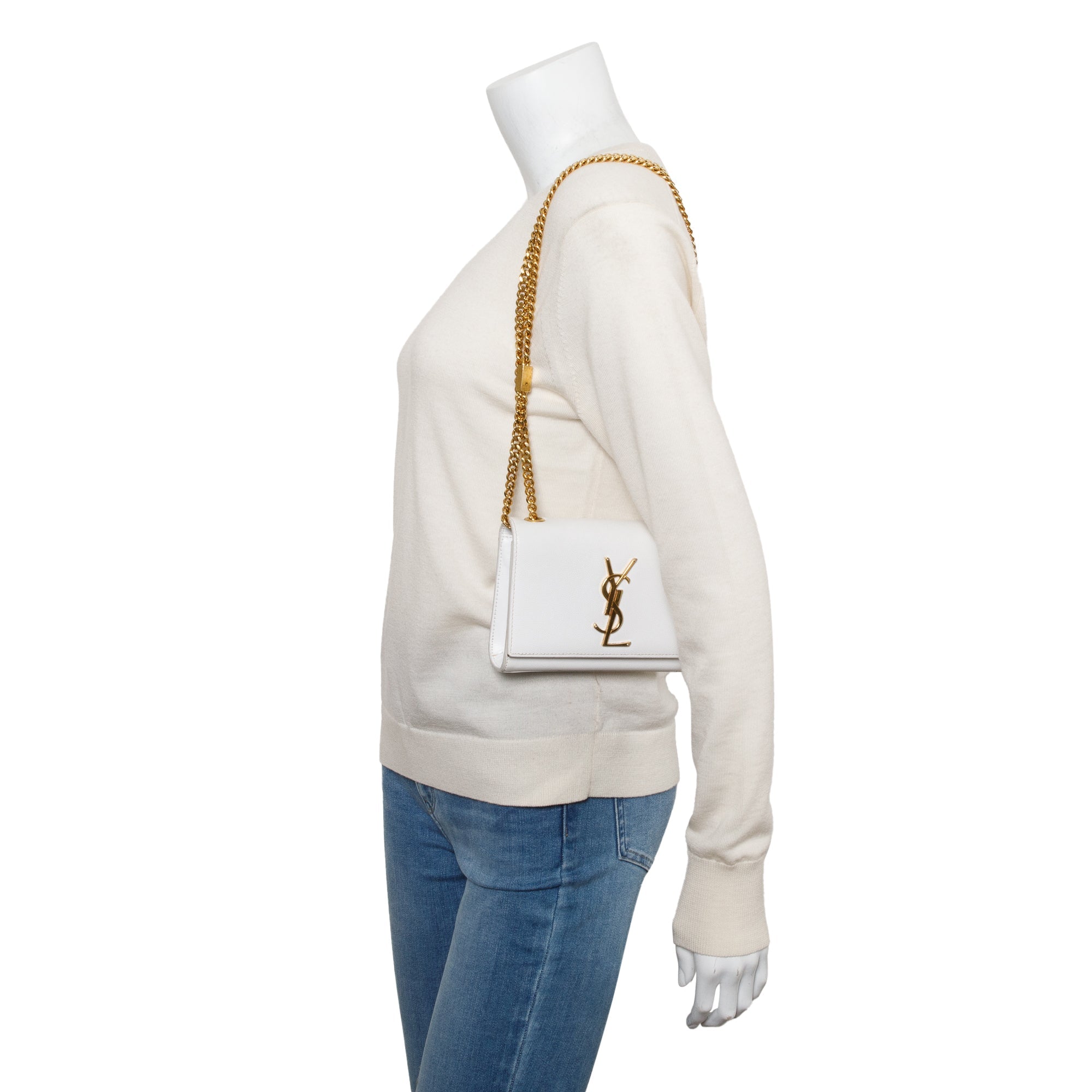 Saint Laurent White Grain De Poudre Leather Mini Monogram Kate Bag