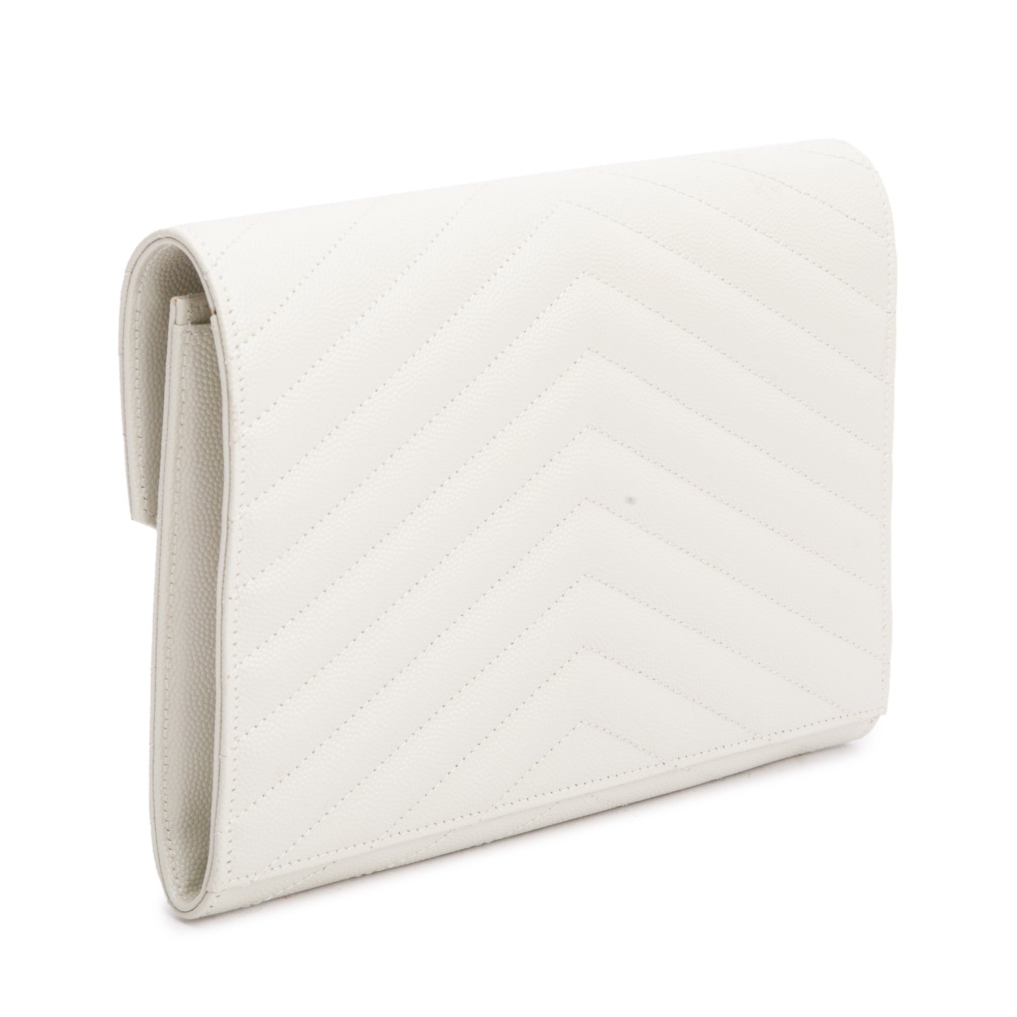 Saint Laurent White Grain de Poudre Matelasse Leather Cassandre Flap Wristlet Pouch w/ Receipt