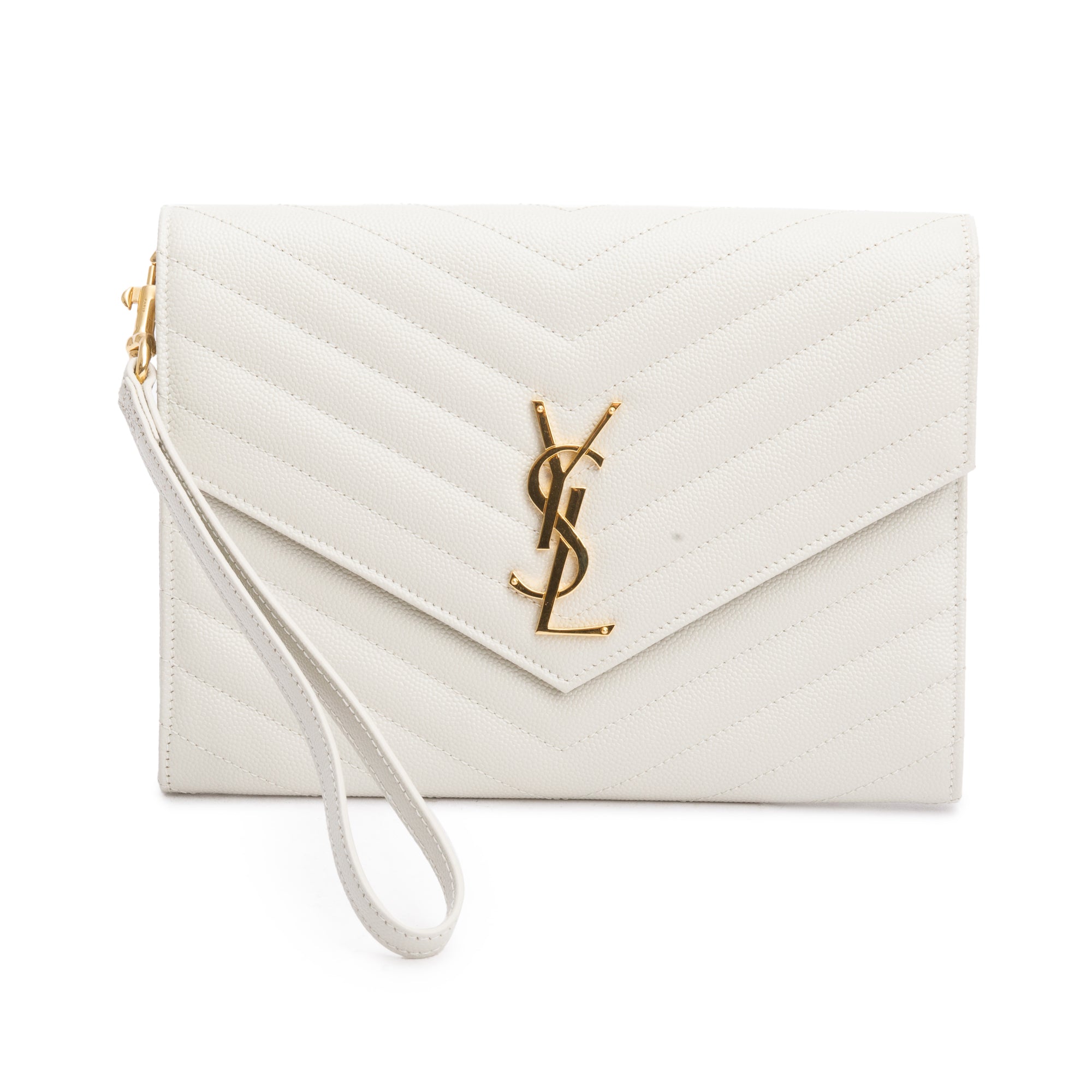 Saint Laurent White Grain de Poudre Matelasse Leather Cassandre Flap Wristlet Pouch w/ Receipt
