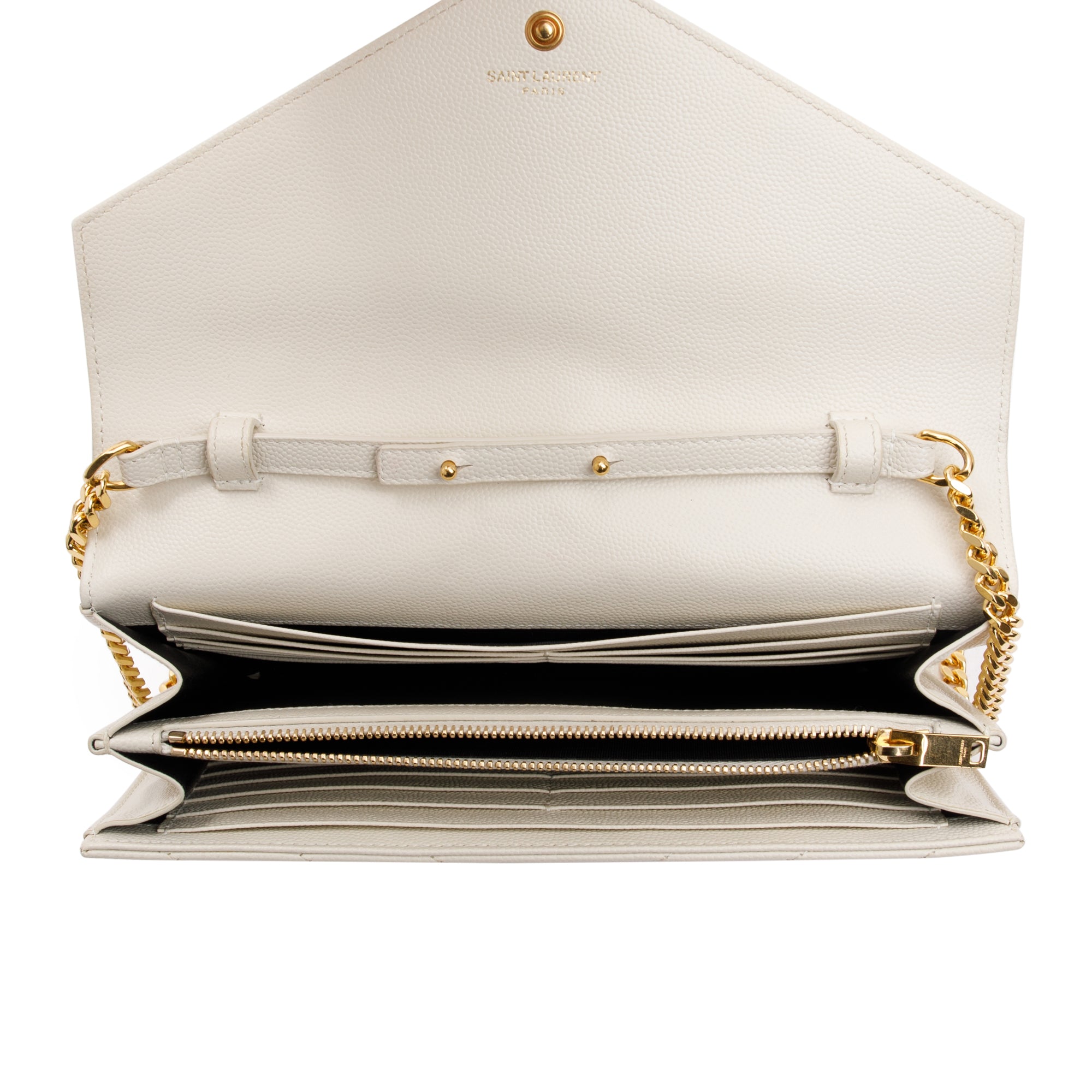 Saint Laurent White Grained de Poudre Cassandre Matelasse Chain Wallet