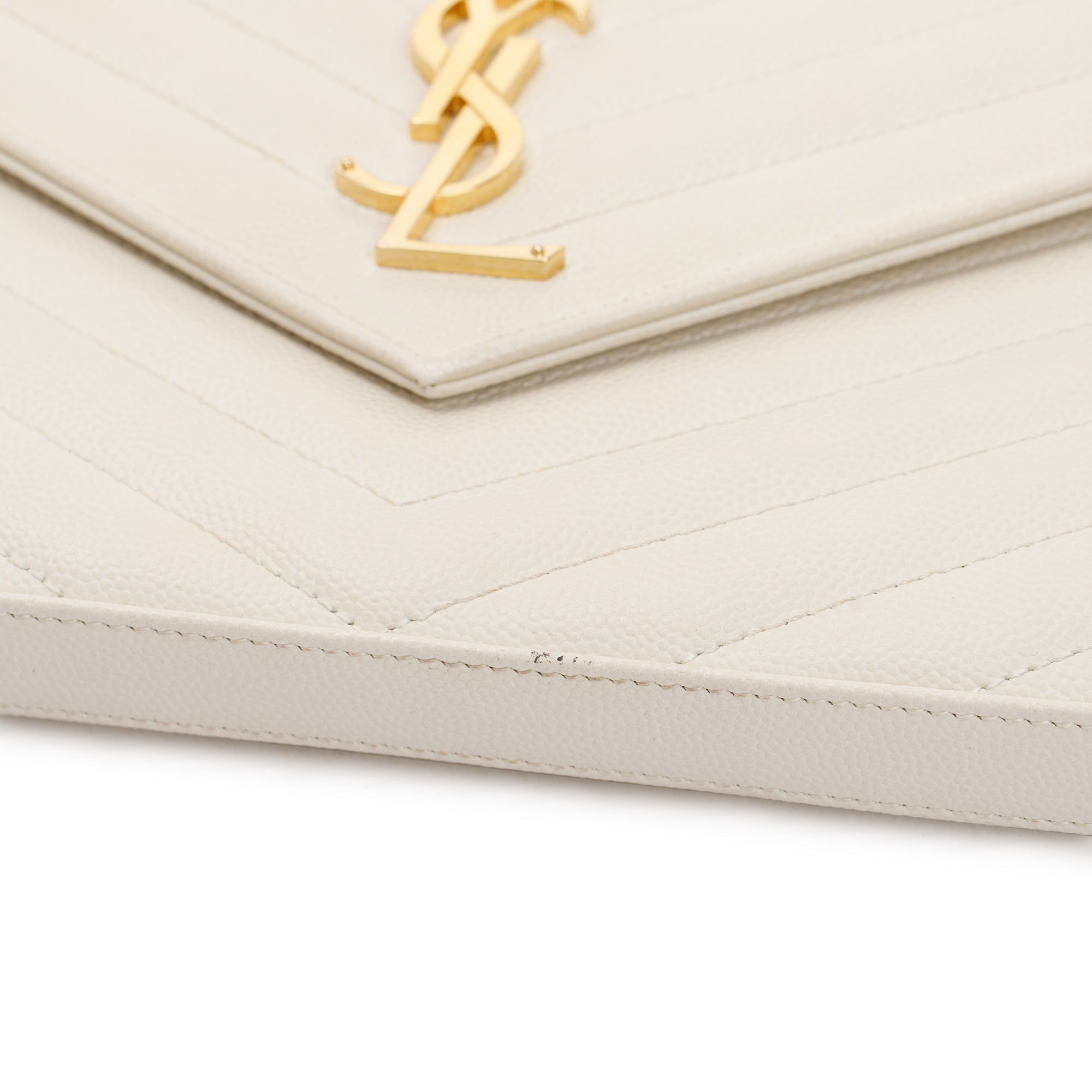 Saint Laurent White Grained de Poudre Cassandre Matelasse Chain Wallet