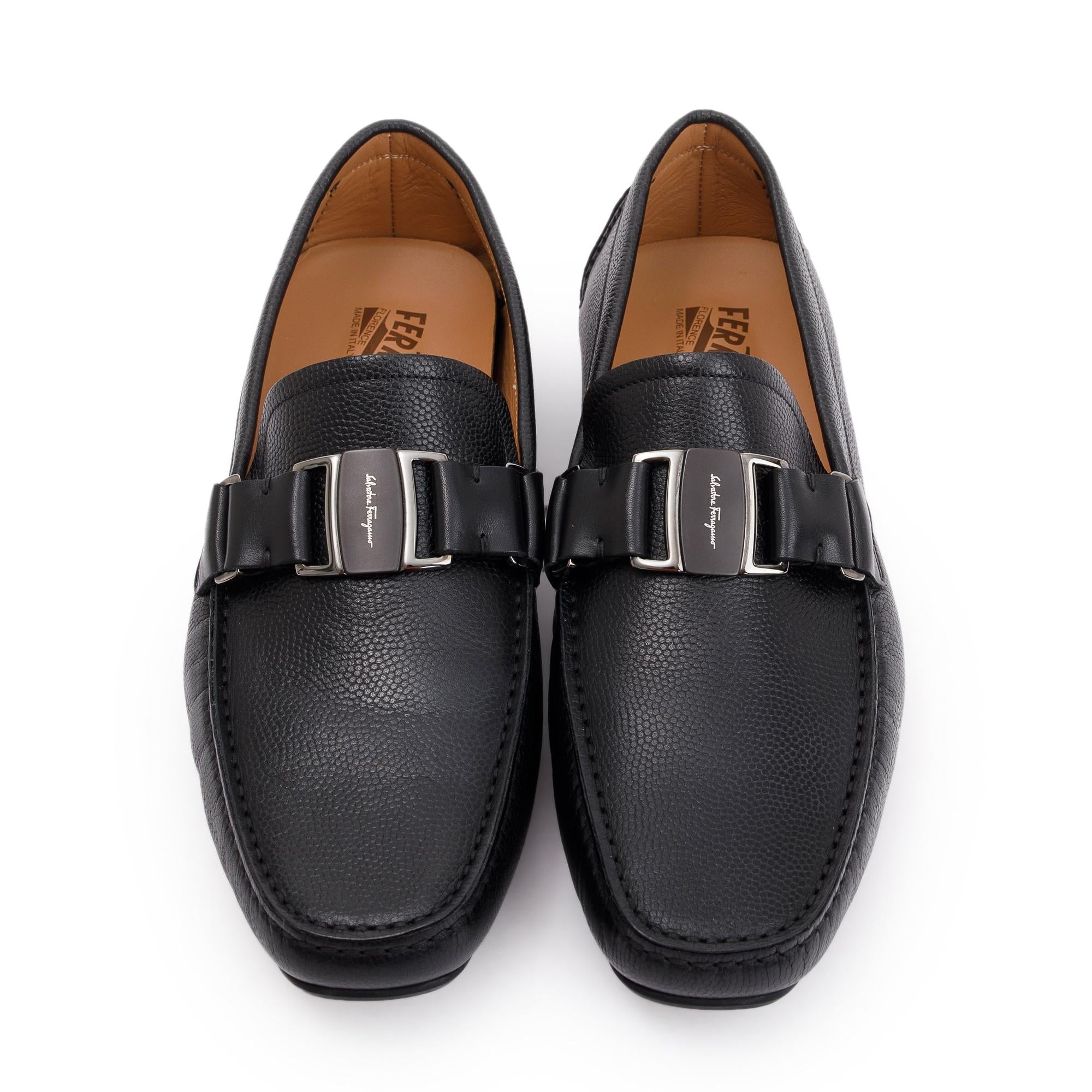 Salvatore Ferragamo Black Leather Drivers Loafers, Size 7.5 w/ Box