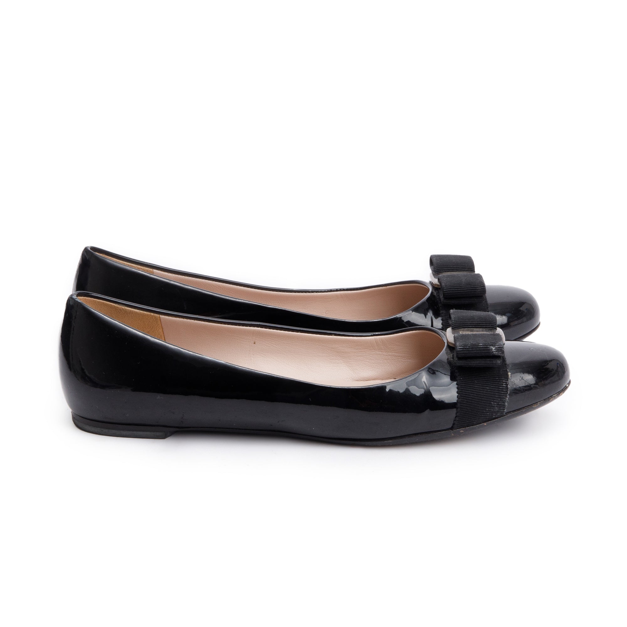 Salvatore Ferragamo Black Patent Leather Vara Bow Ballet Flats, Size 7.5