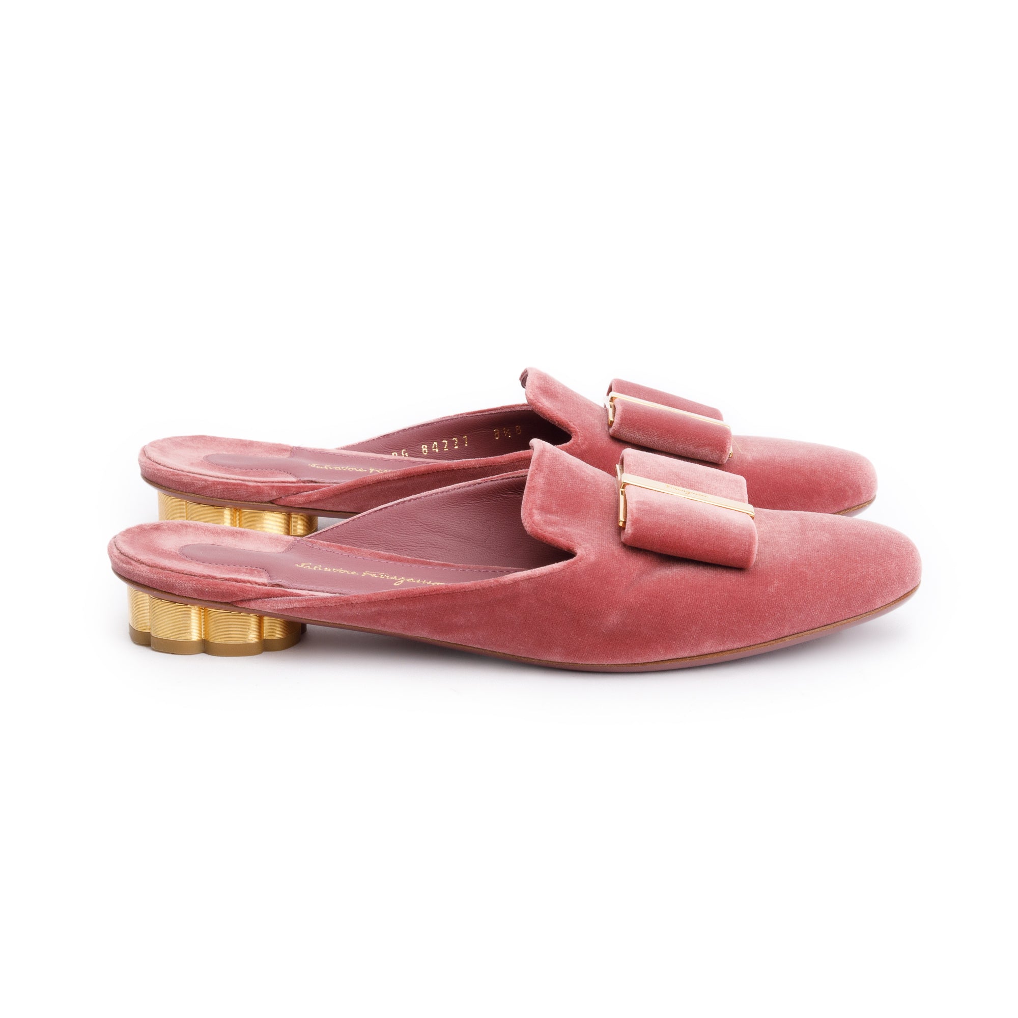 Salvatore Ferragamo Pink Velvet Vara Bow Accent Mules Size 8.5