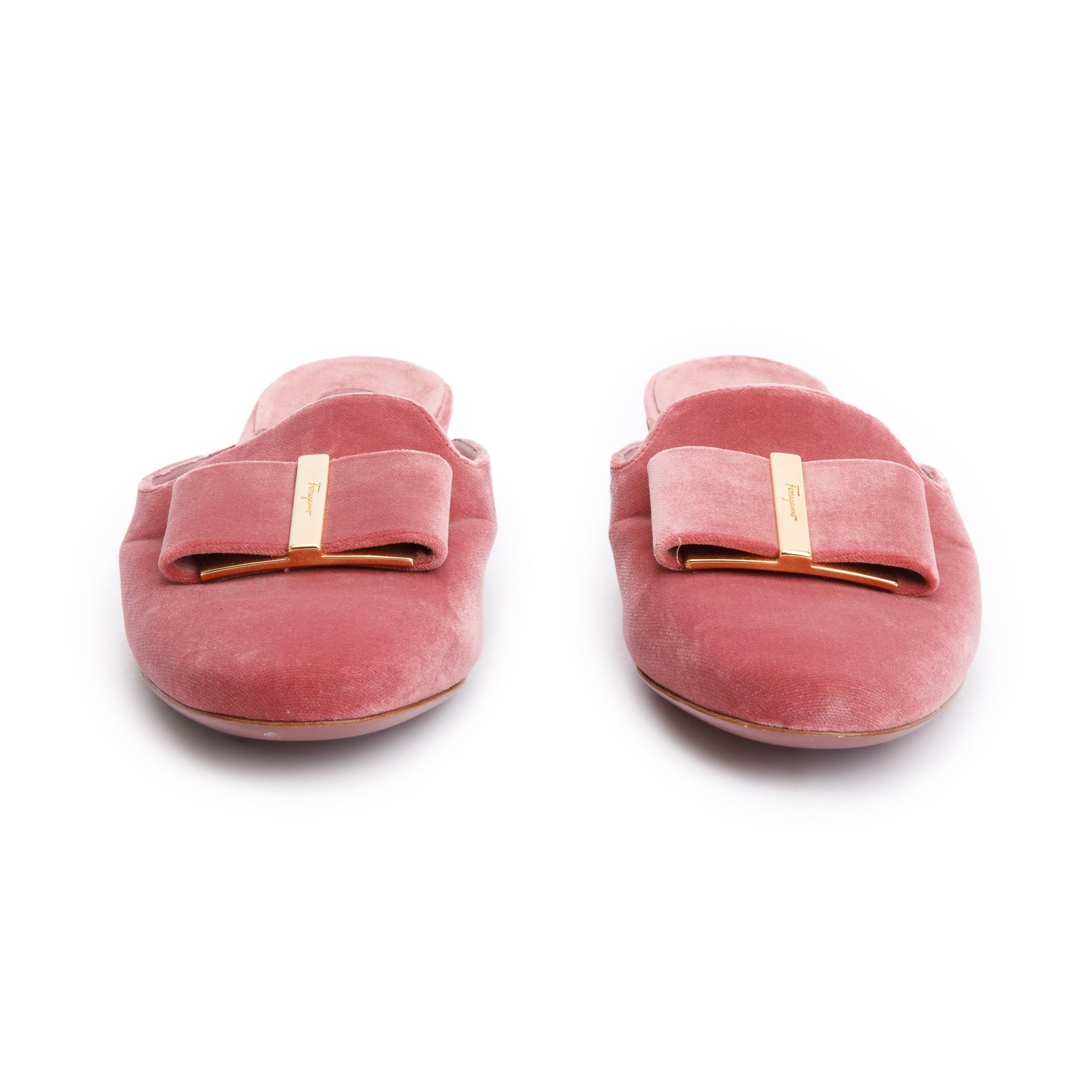 Salvatore Ferragamo Pink Velvet Vara Bow Accent Mules Size 8.5