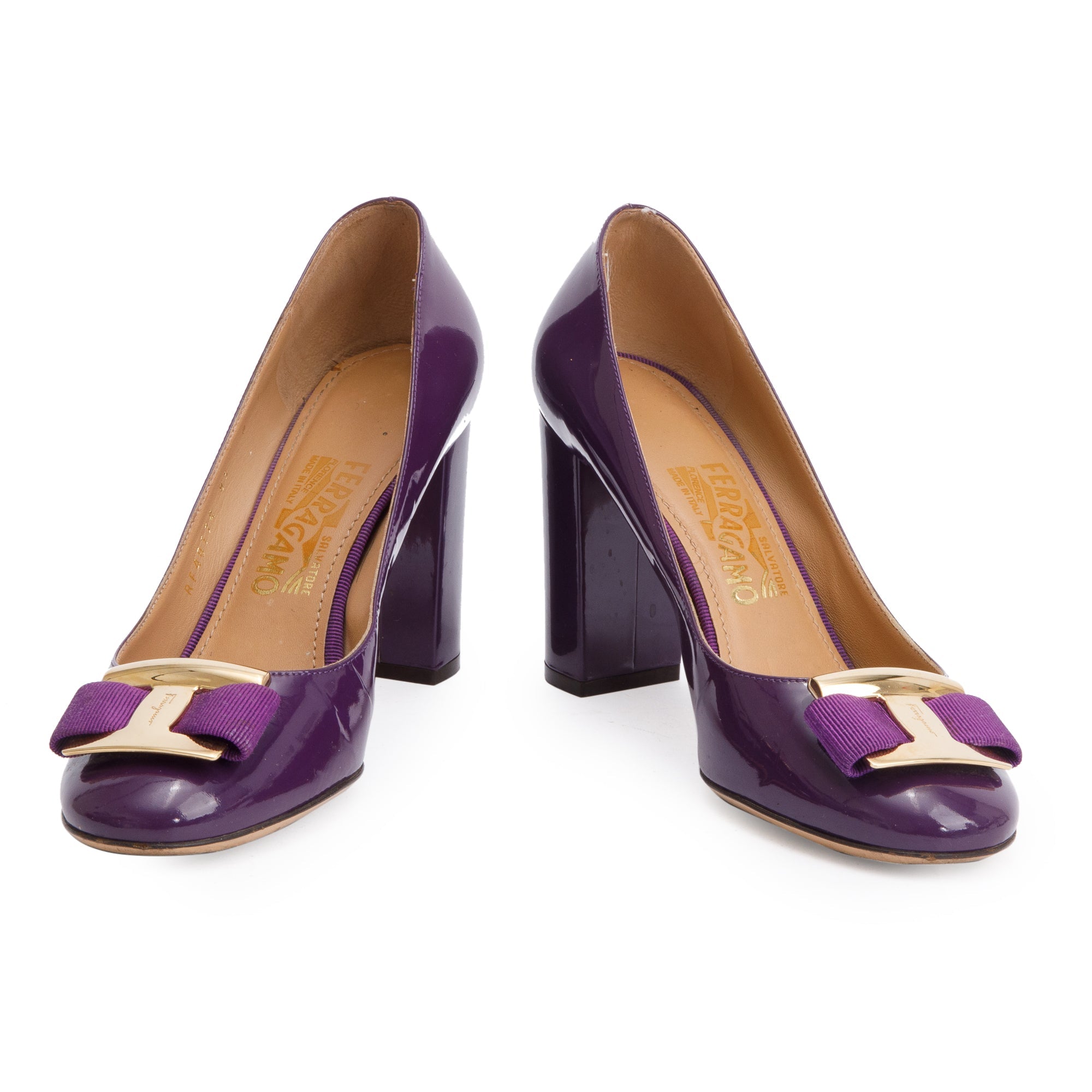 Salvatore Ferragamo Purple Patent Leather Vara Bow Pumps, Size 8