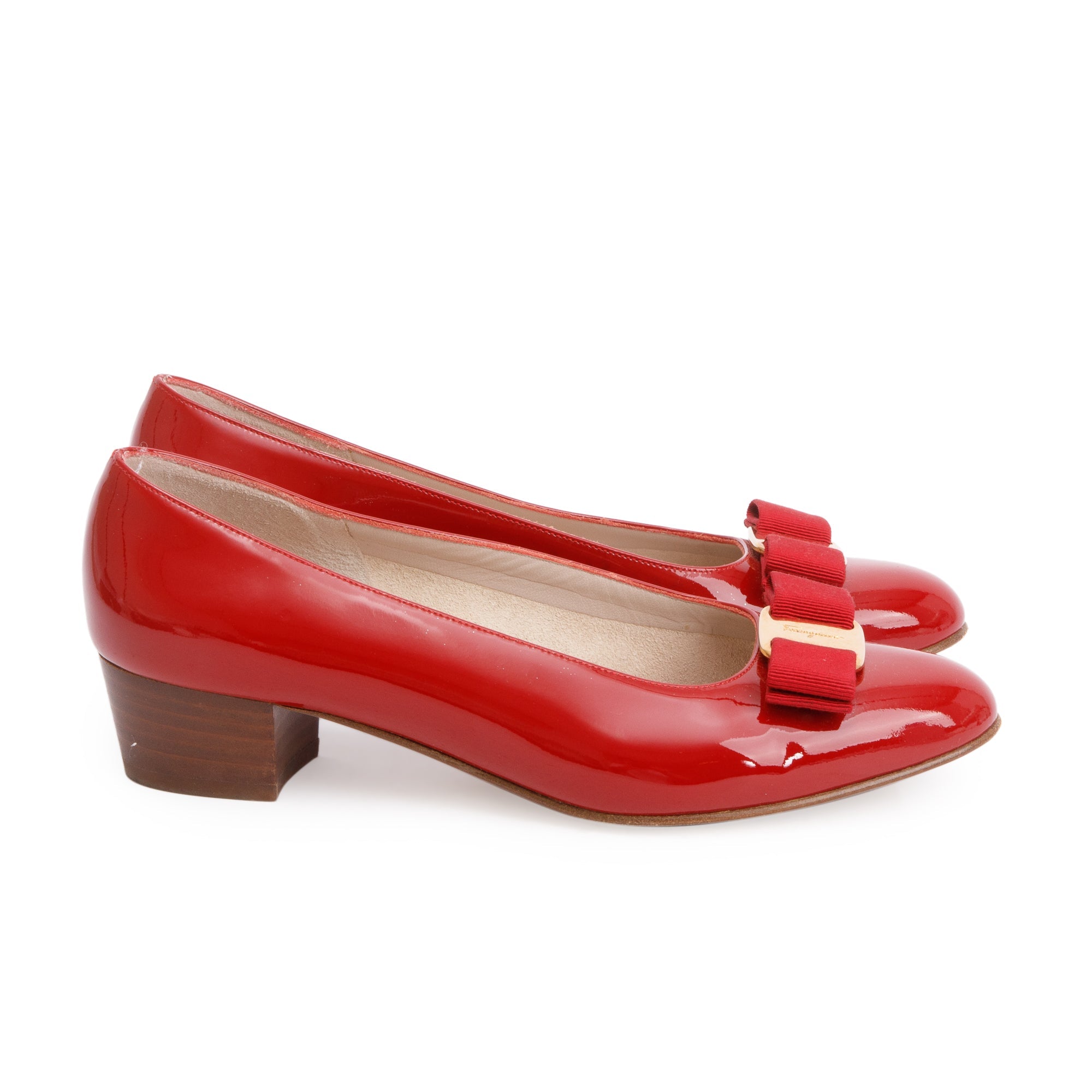 Salvatore Ferragamo Red Patent Leather Vara Double Bow Pumps, Size 6