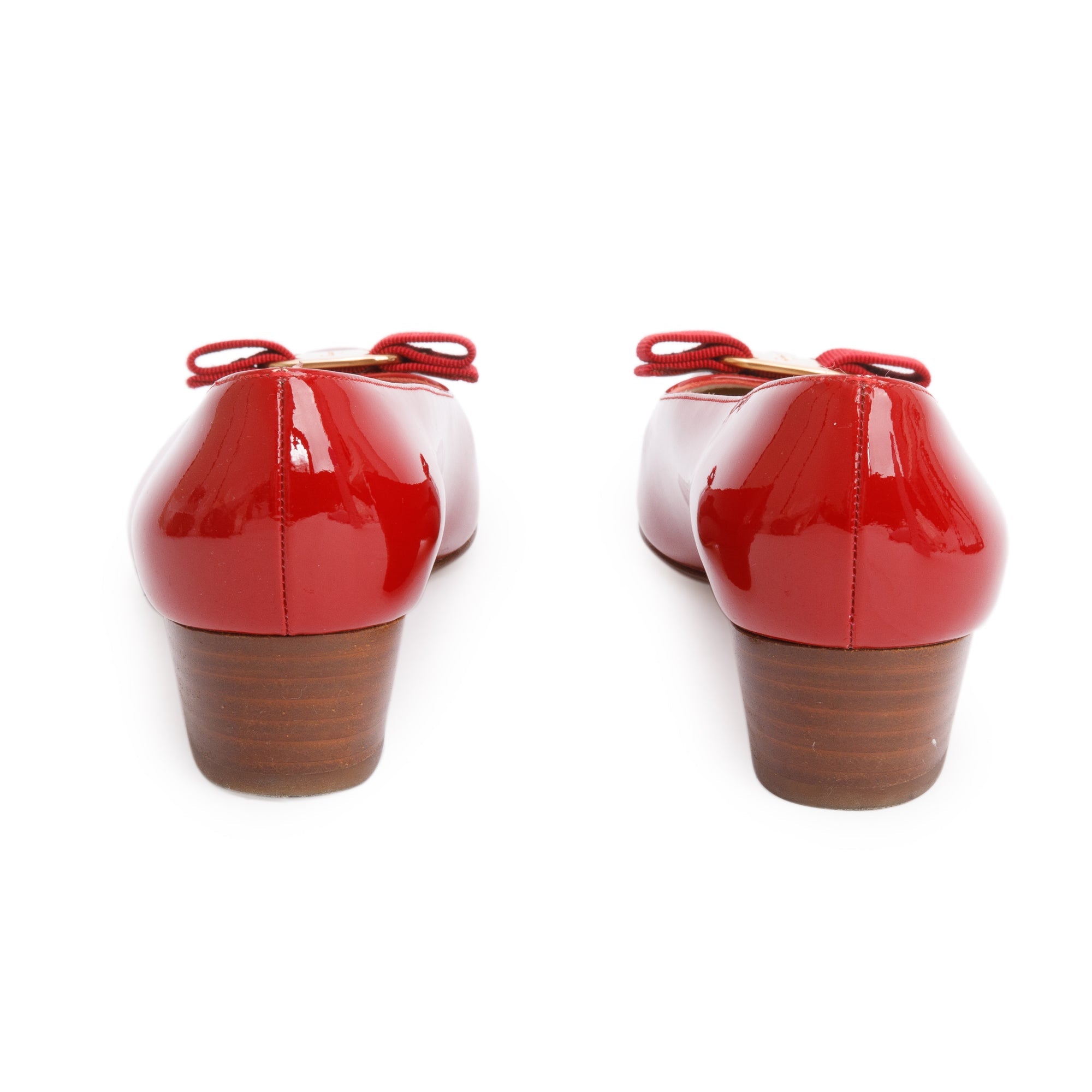 Salvatore Ferragamo Red Patent Leather Vara Double Bow Pumps, Size 6